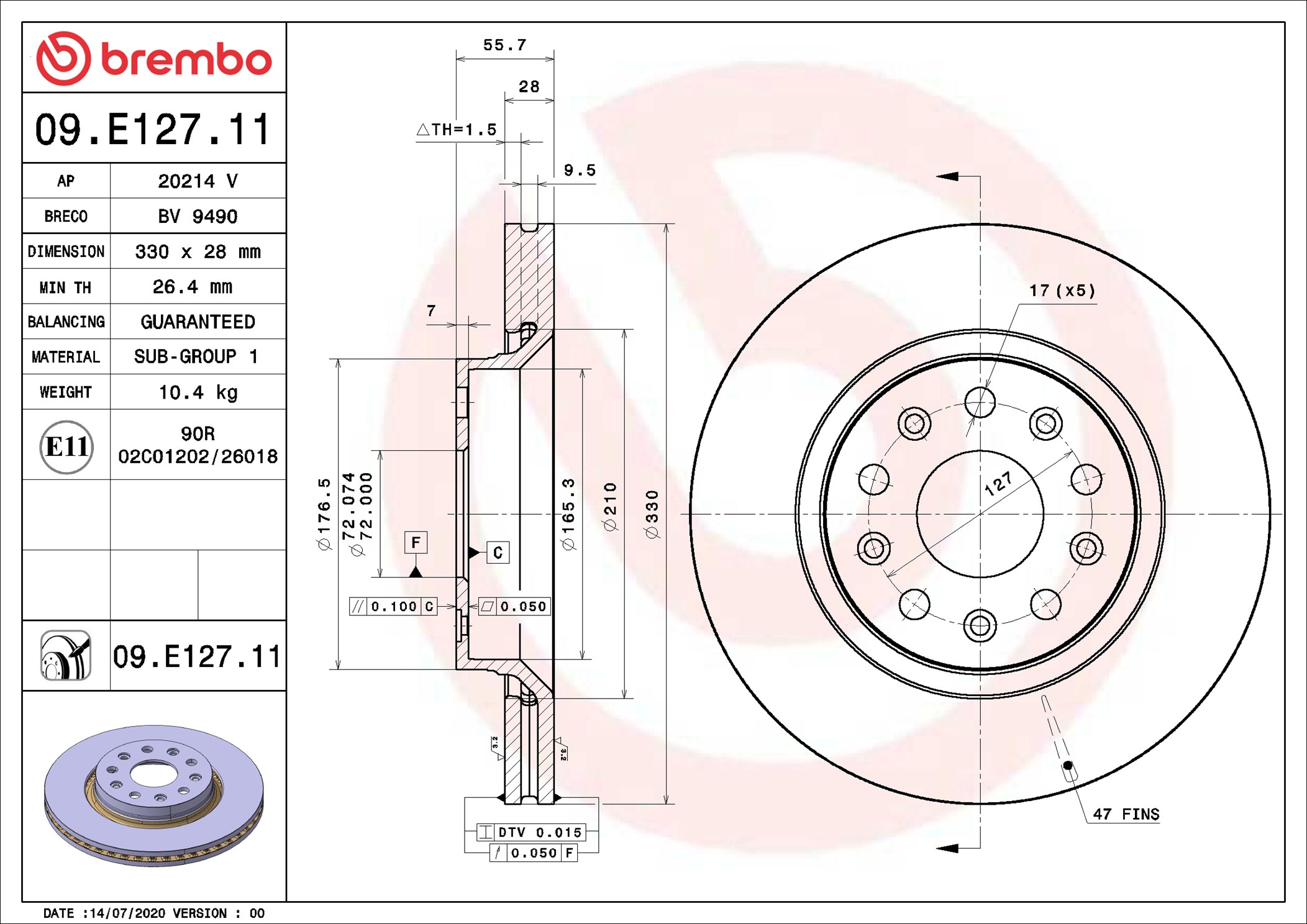 Brake Disc - 09.E127.11 BREMBO