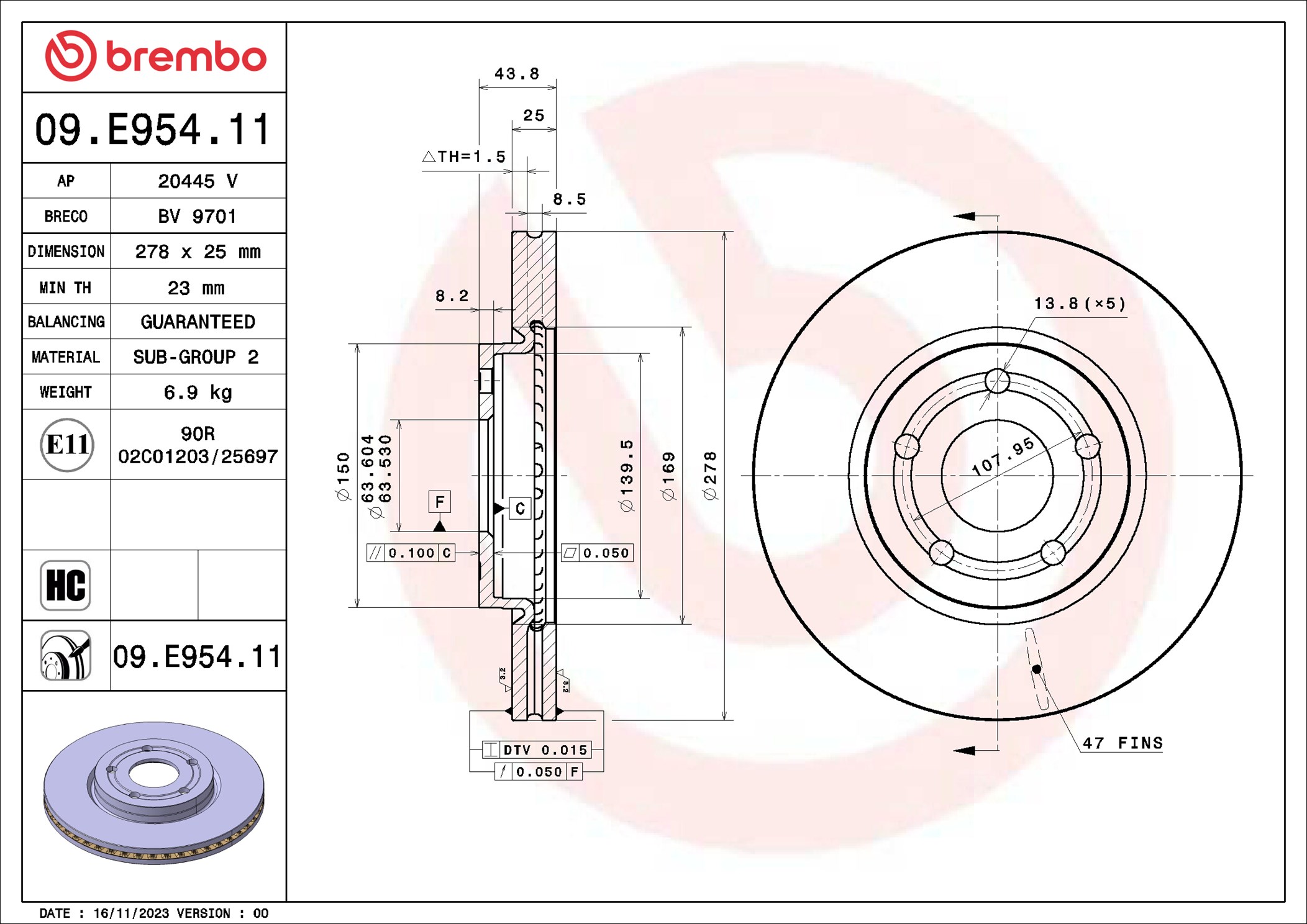 stabdžių diskas - 09.E954.11 BREMBO