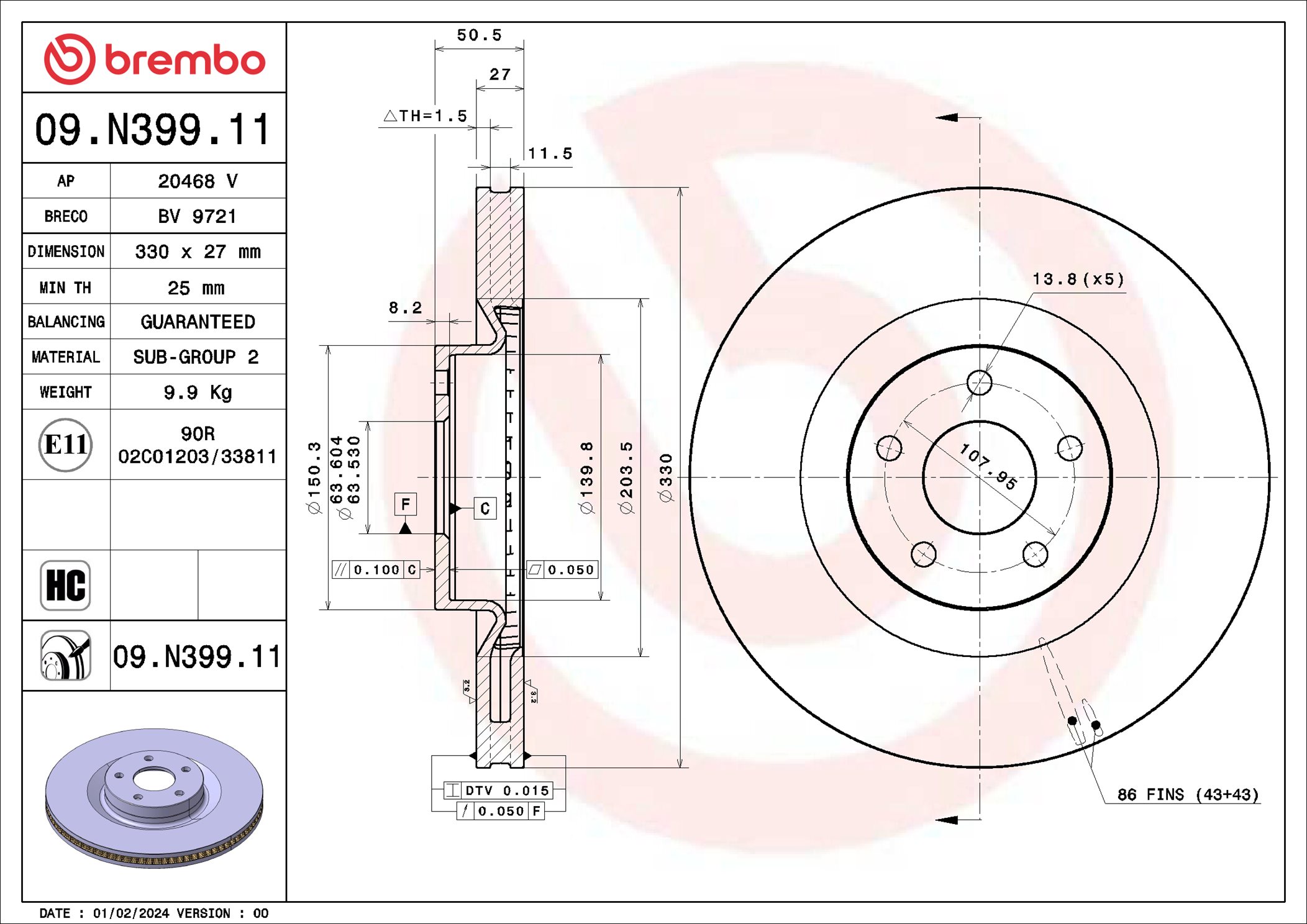 Brake Disc - 09.N399.11 BREMBO