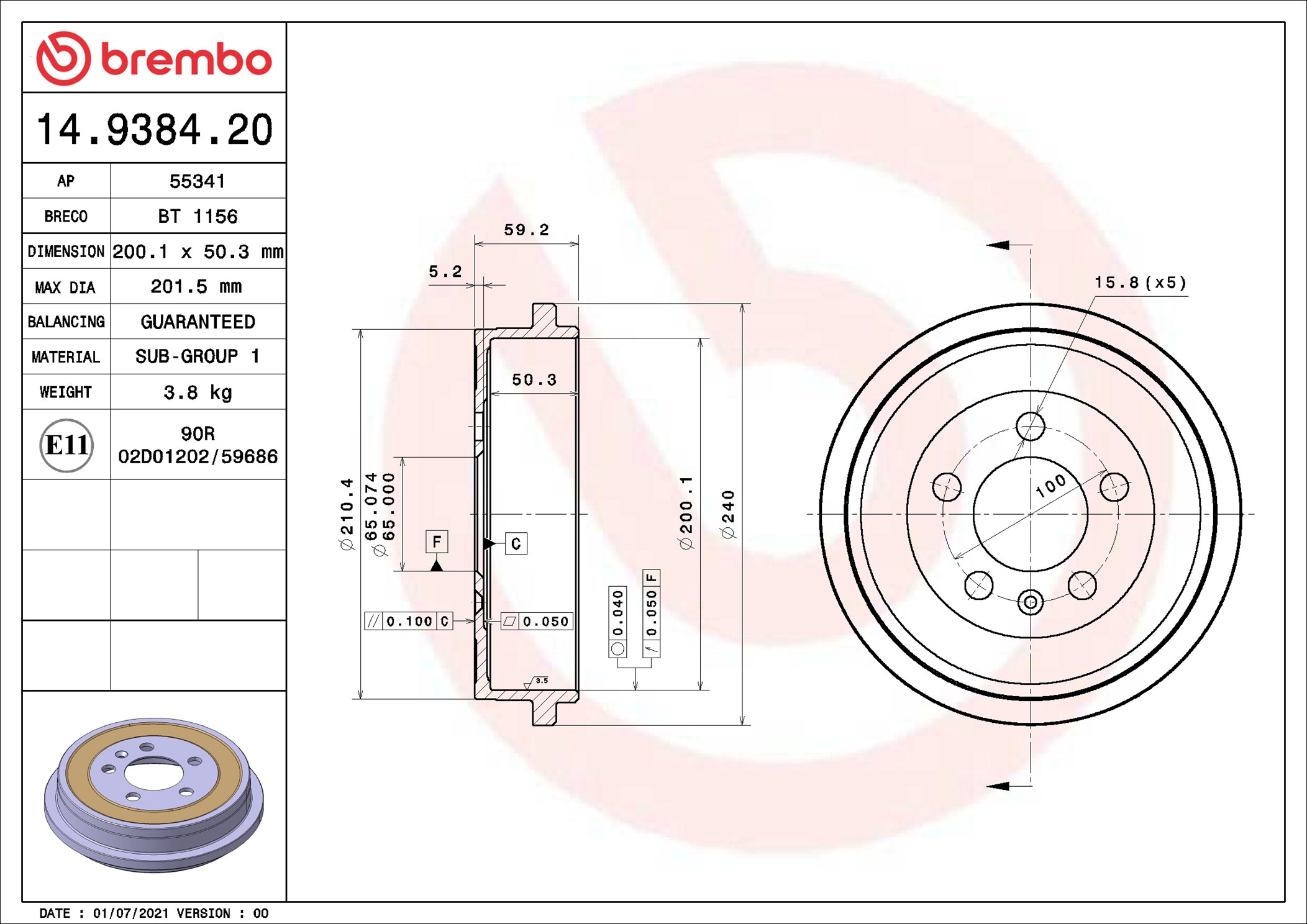 Bremstrommel - 14.9384.20 BREMBO