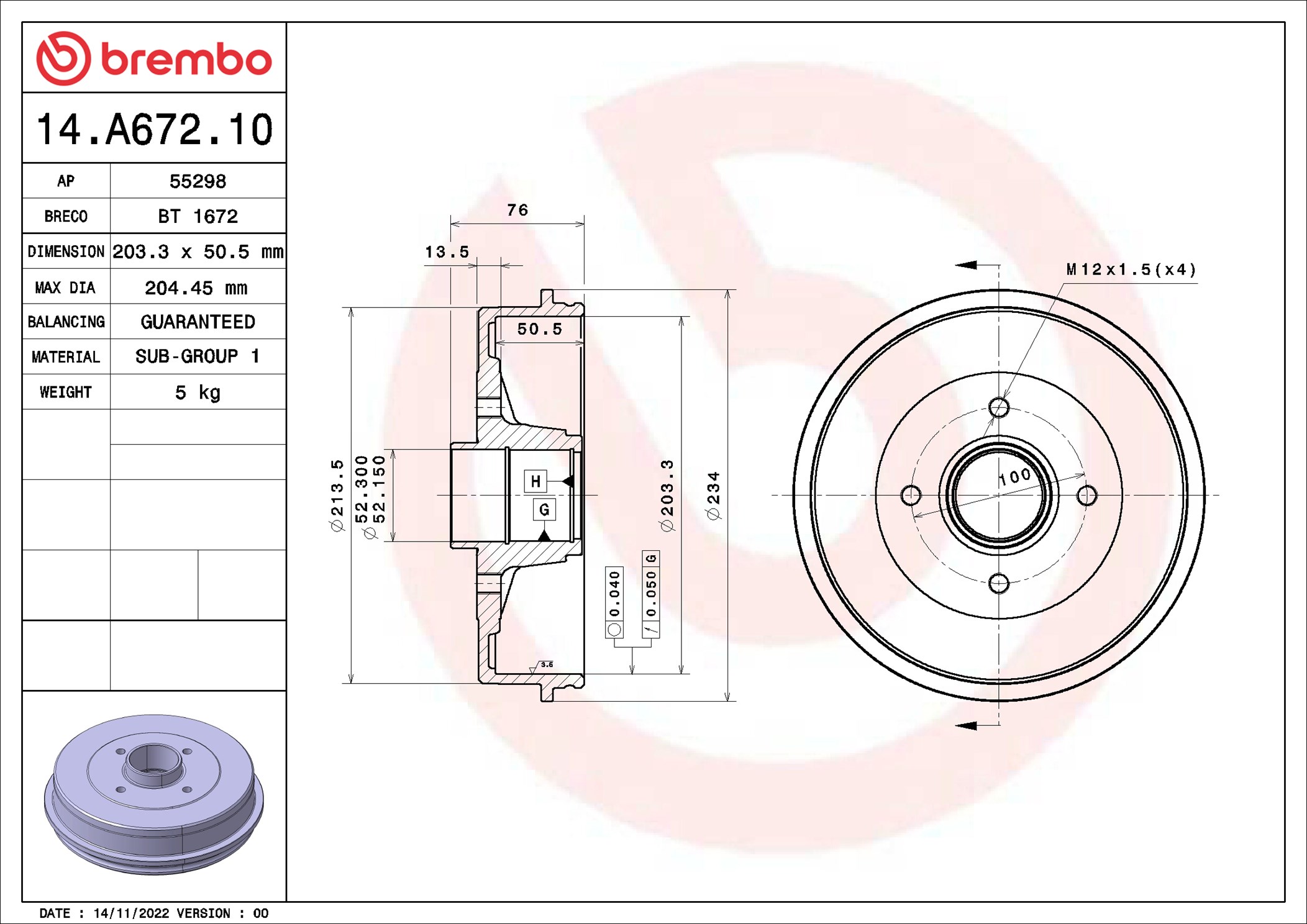 stabdžių būgnas - 14.A672.10 BREMBO