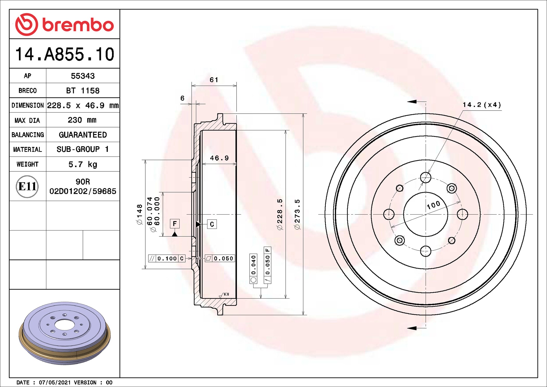 Brake Drum - 14.A855.10 BREMBO