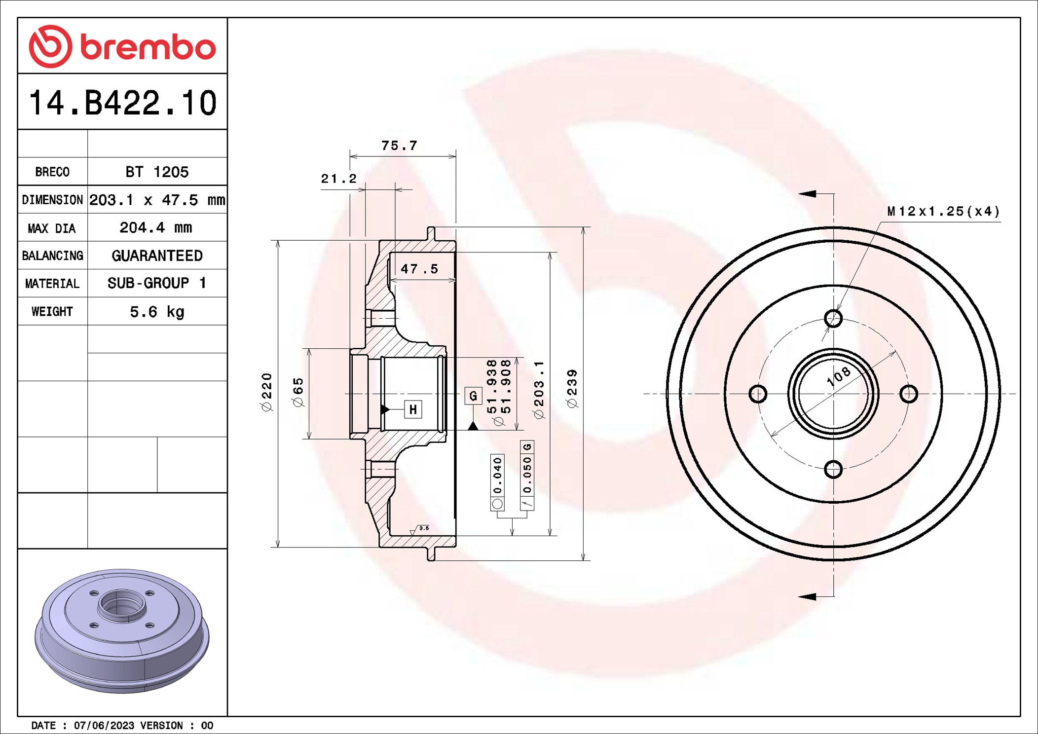 Brake Drum - 14.B422.10 BREMBO