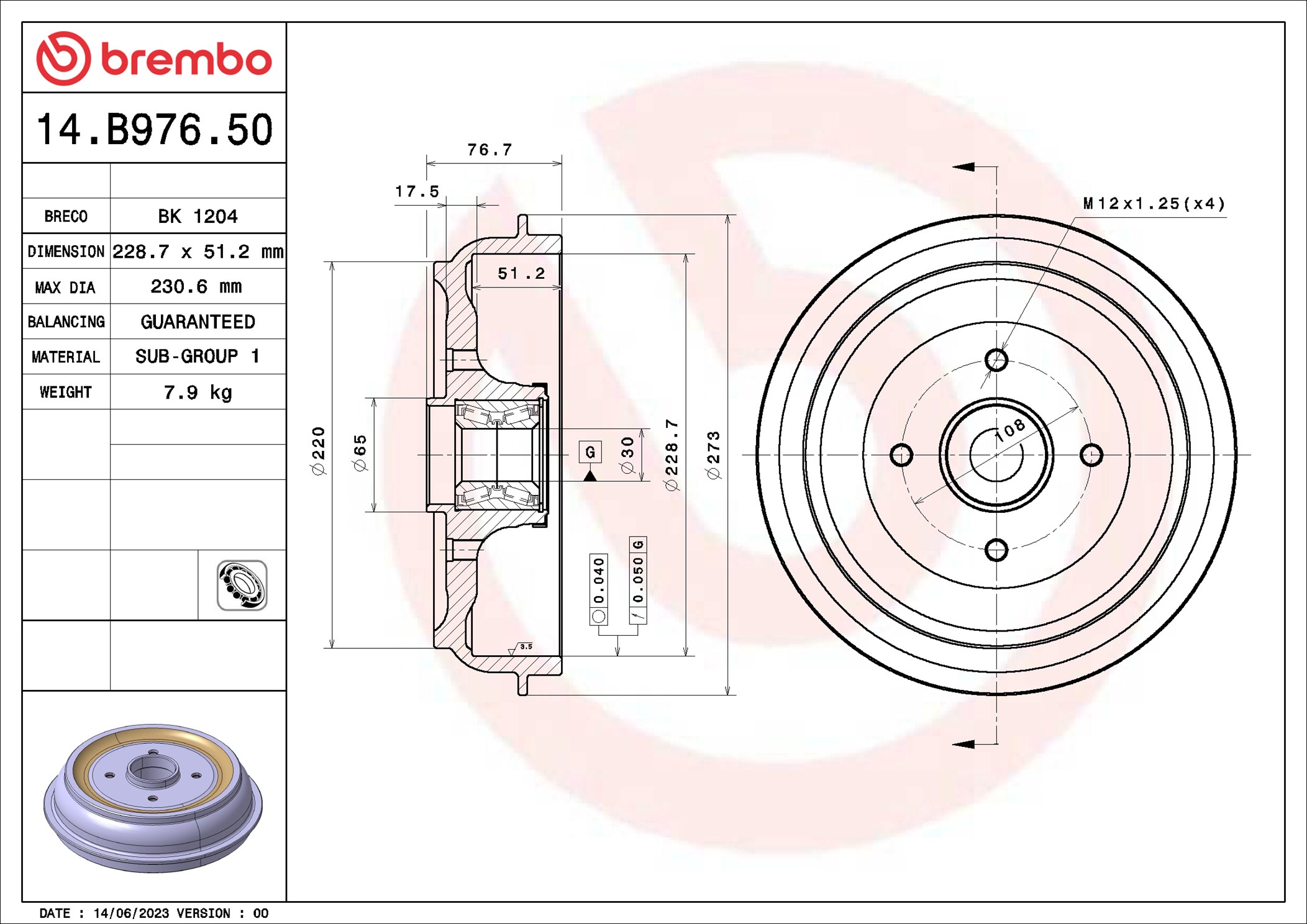 Brake Drum - 14.B976.50 BREMBO