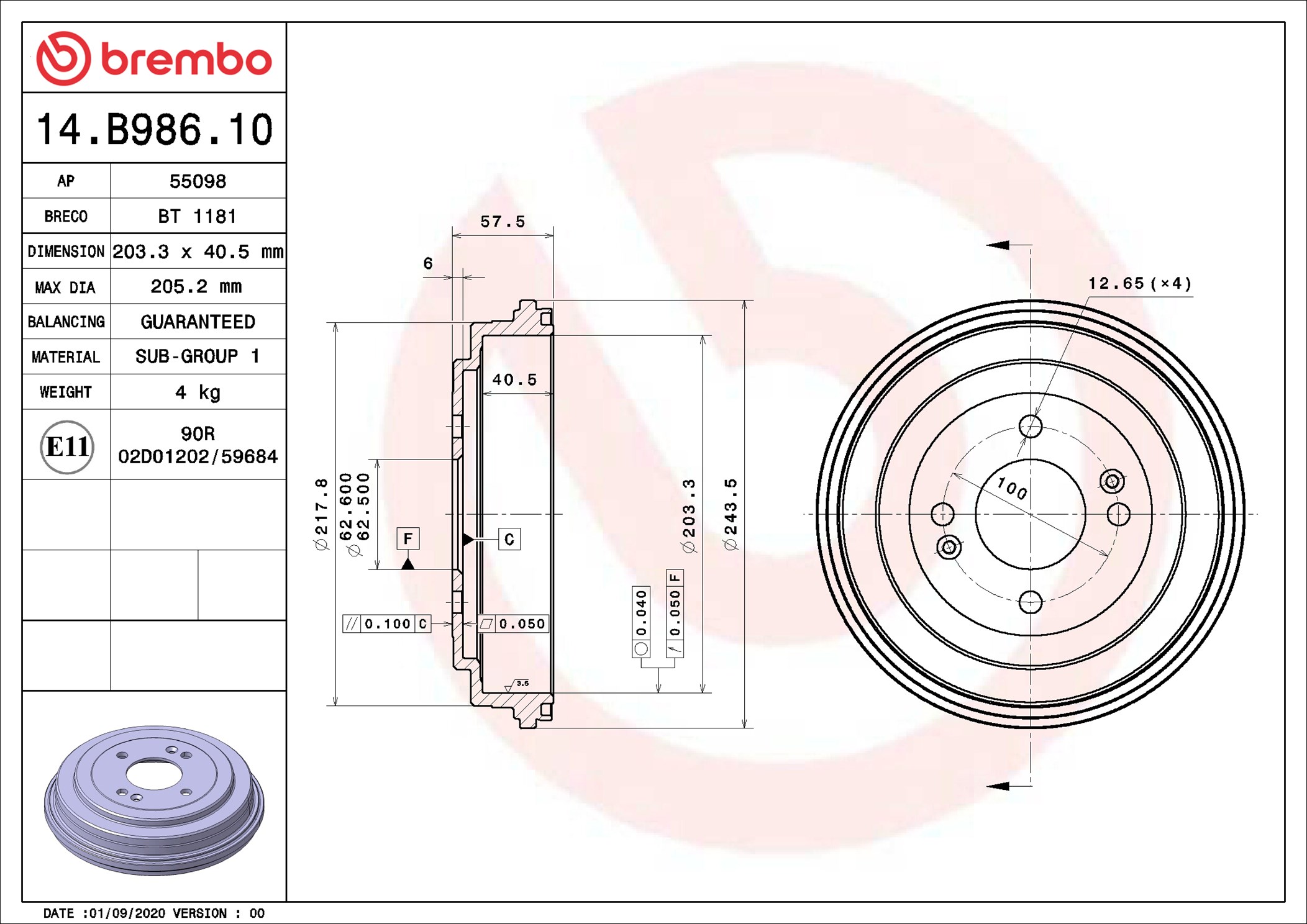 Tamburo freno - 14.B986.10 BREMBO