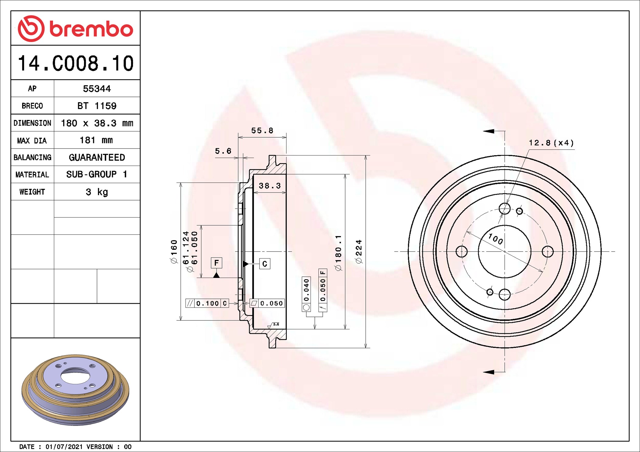 Brake Drum - 14.C008.10 BREMBO
