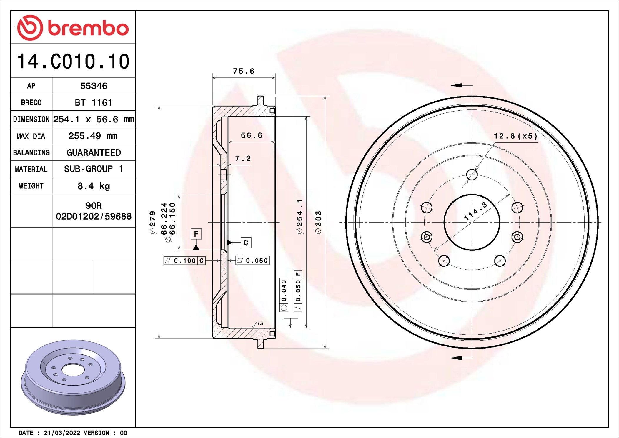 stabdžių būgnas - 14.C010.10 BREMBO