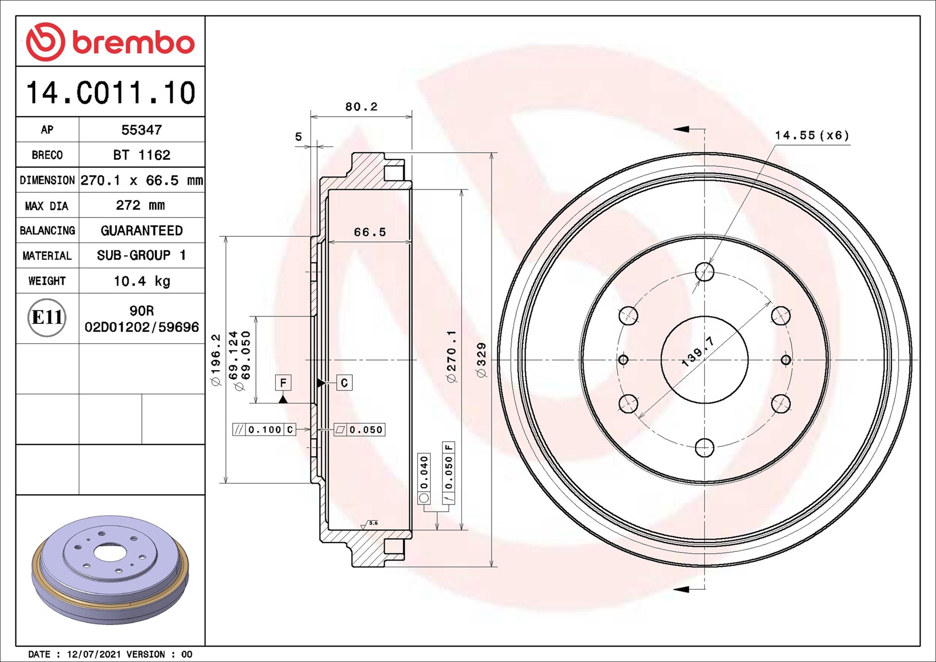 Tamburo freno - 14.C011.10 BREMBO