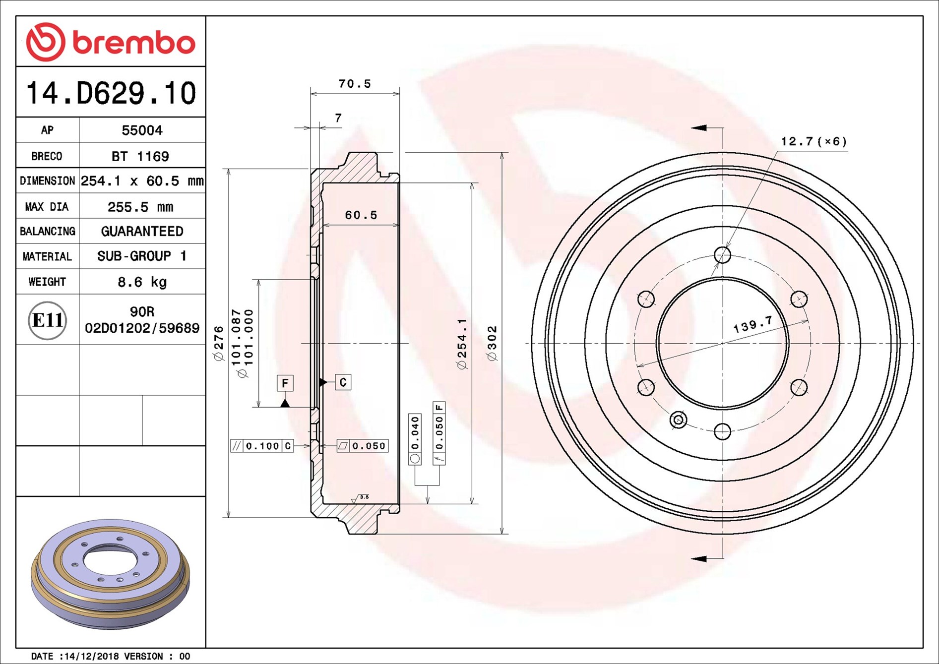 Tamburo freno - 14.D629.10 BREMBO