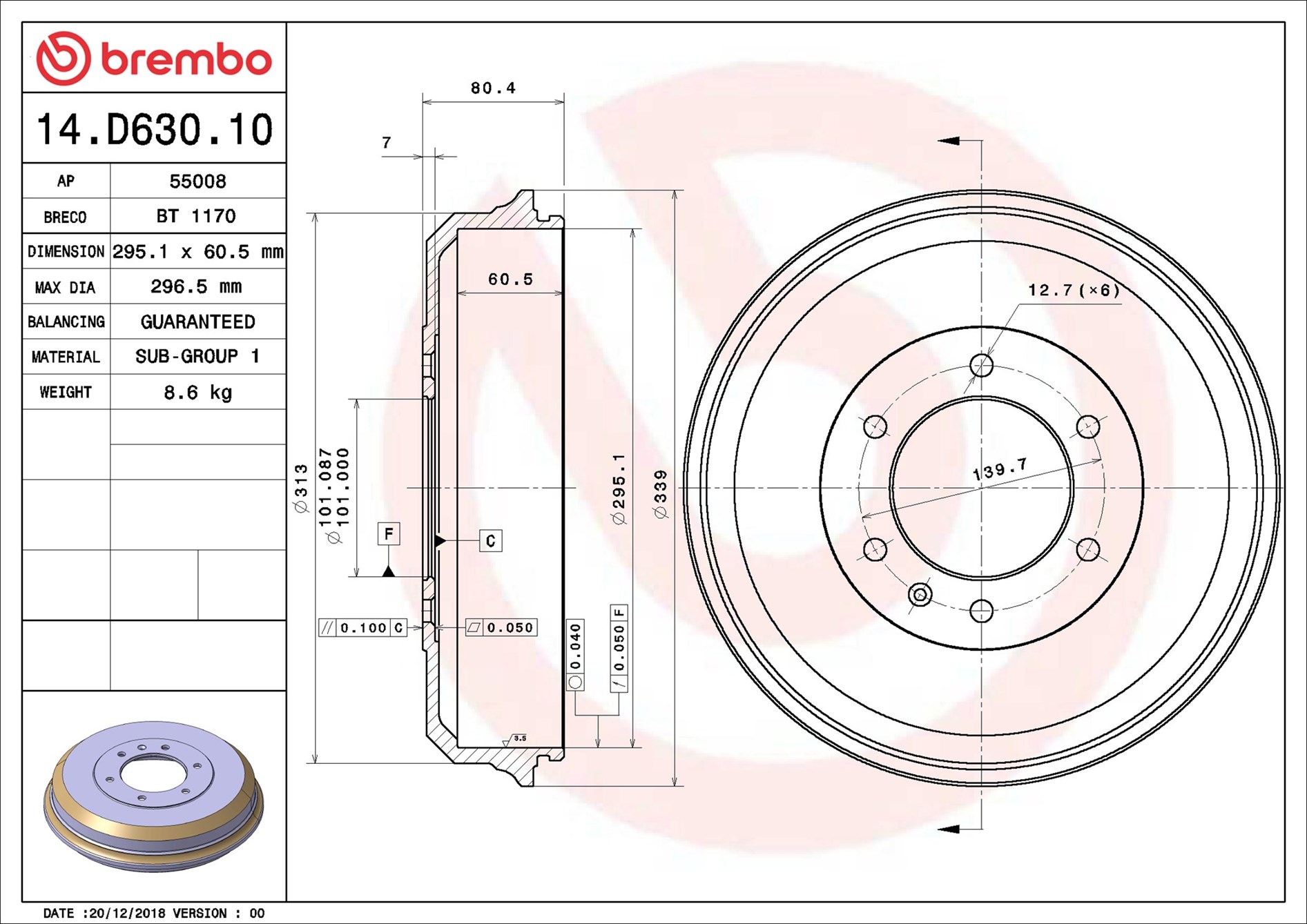 Brake Drum - 14.D630.10 BREMBO