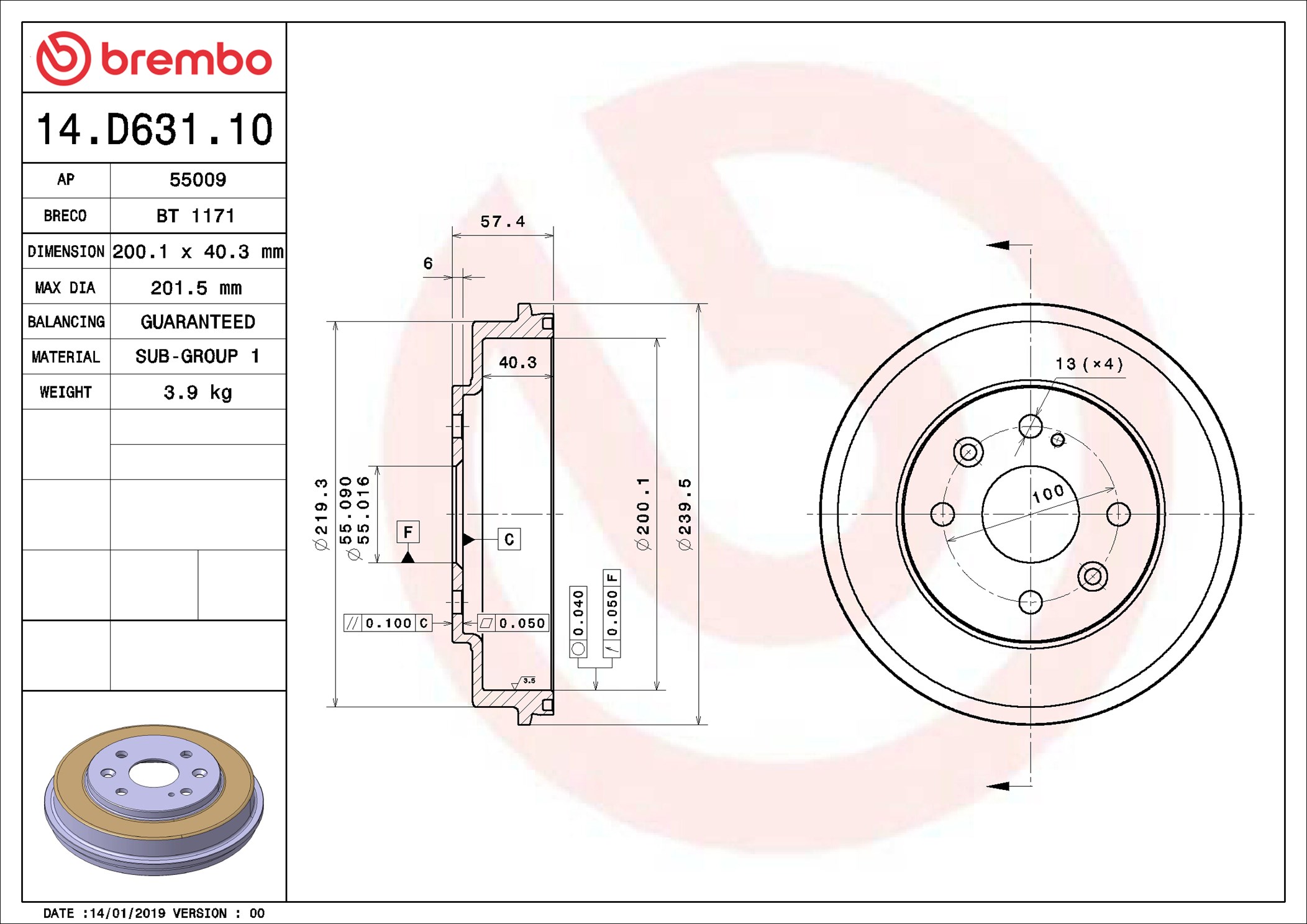 Brake Drum - 14.D631.10 BREMBO