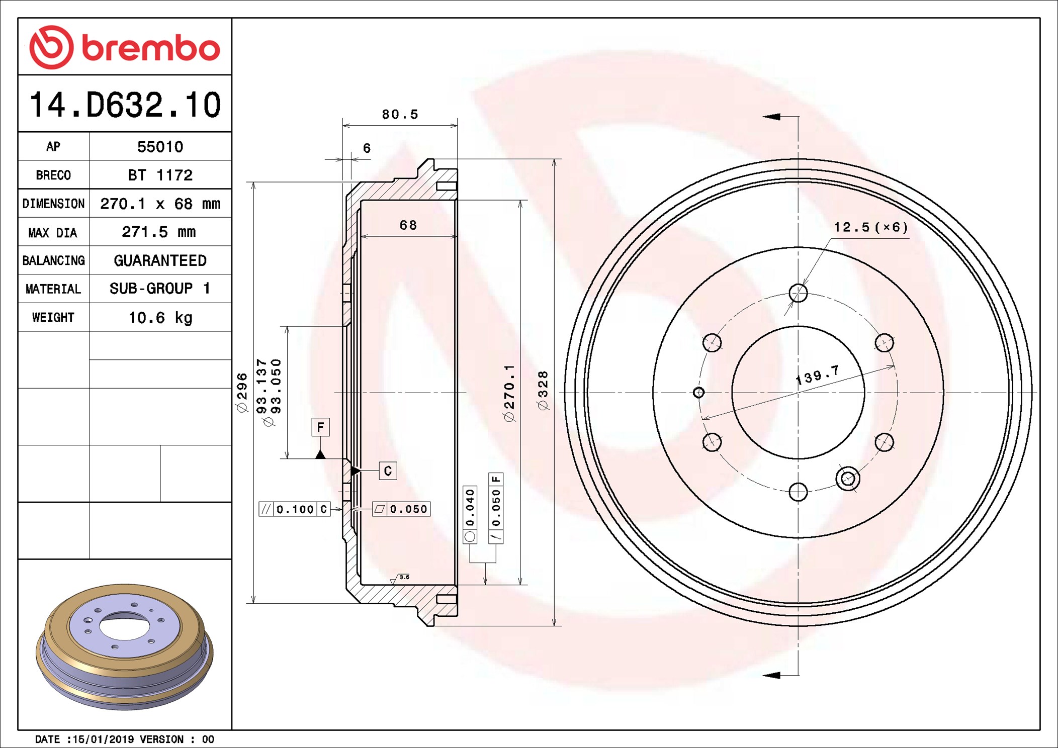 Brake Drum - 14.D632.10 BREMBO