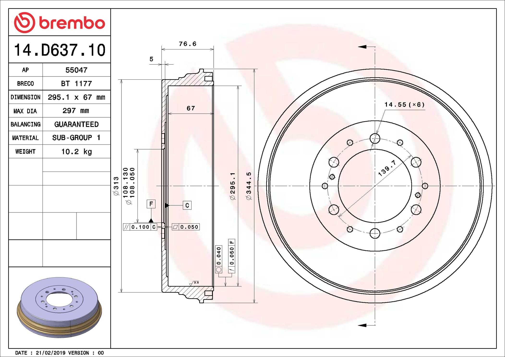 Brake Drum - 14.D637.10 BREMBO