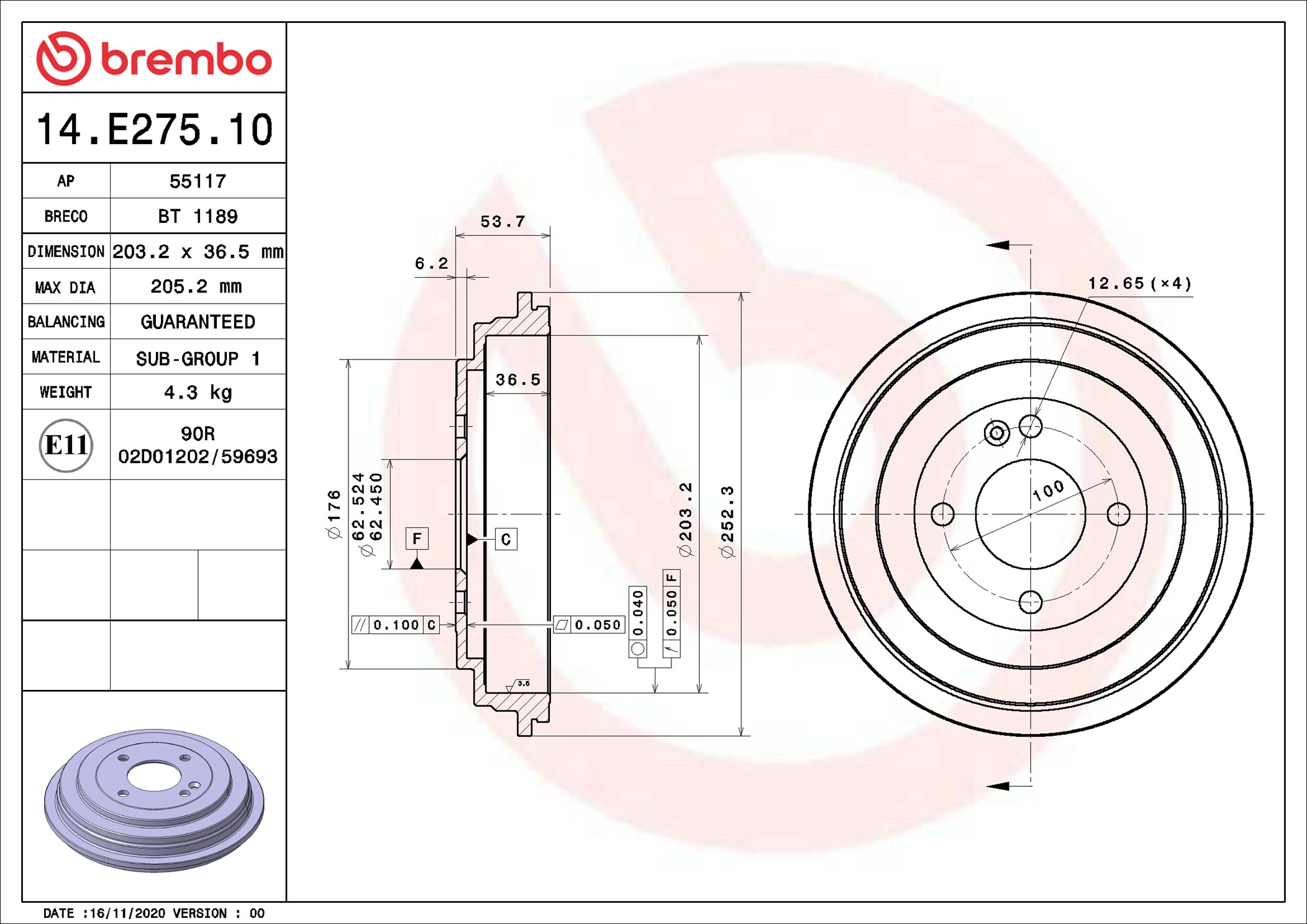 Brake Drum - 14.E275.10 BREMBO