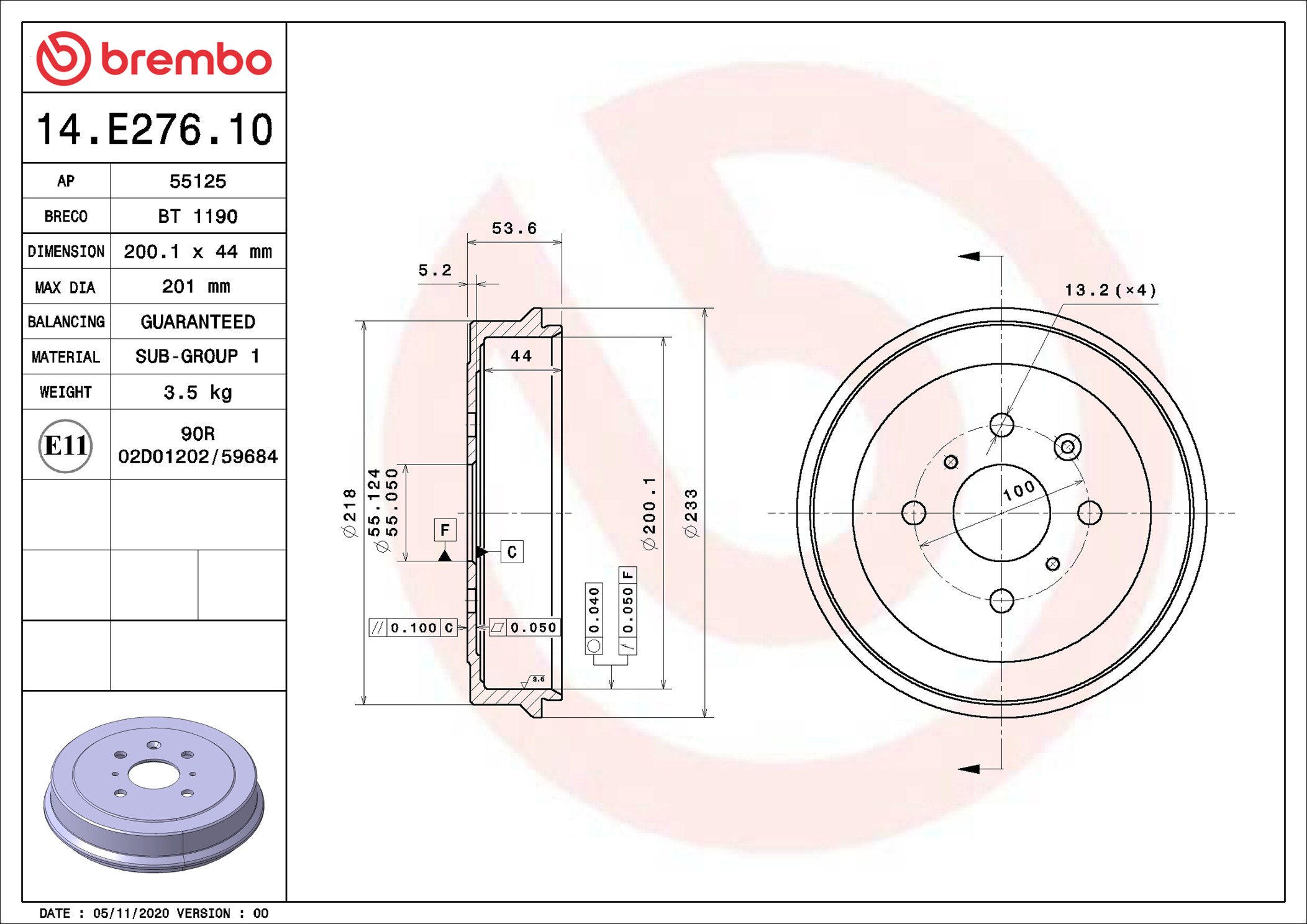 Тормозной барабан - 14.E276.10 BREMBO
