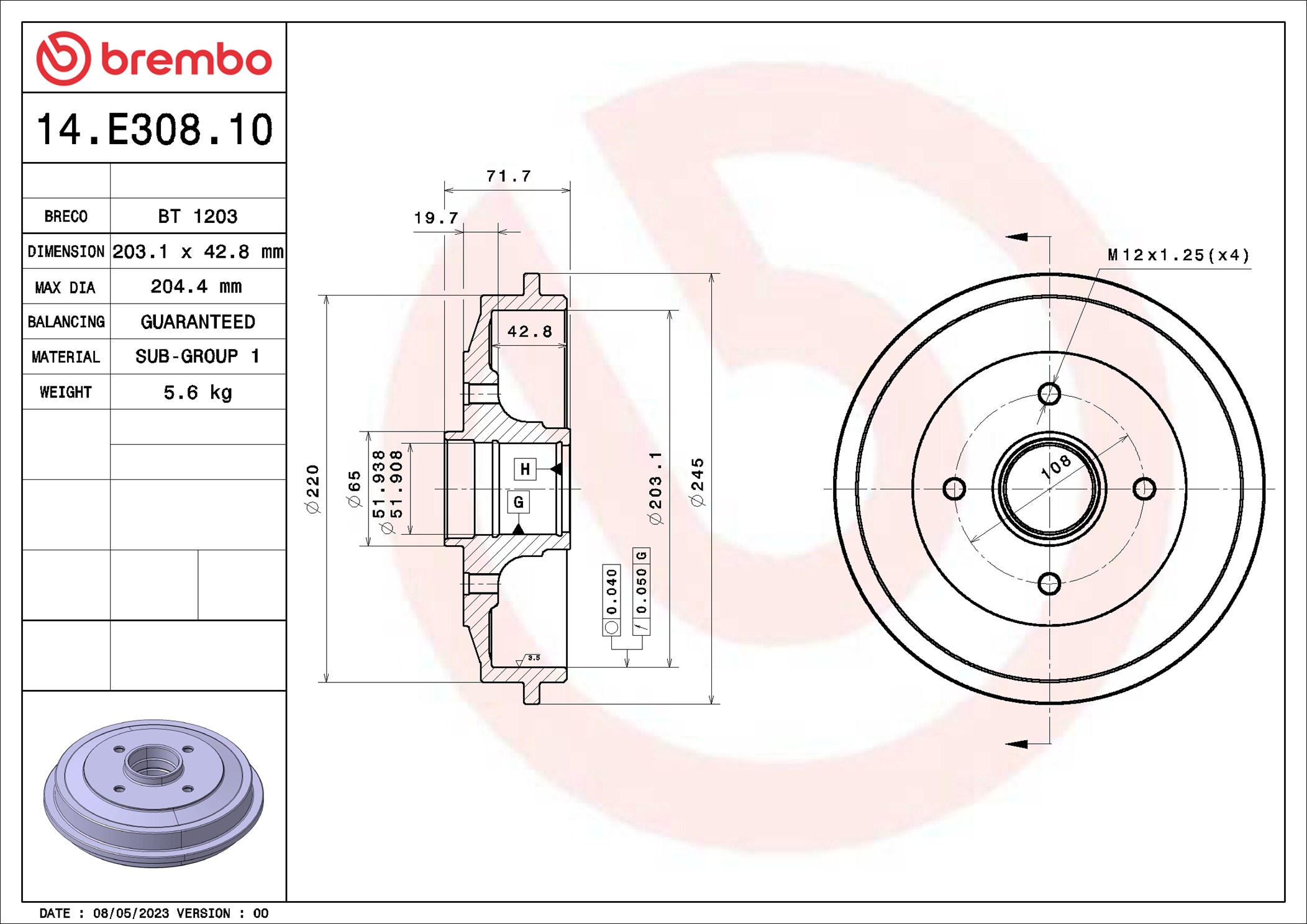 Tamburo freno - 14.E308.10 BREMBO