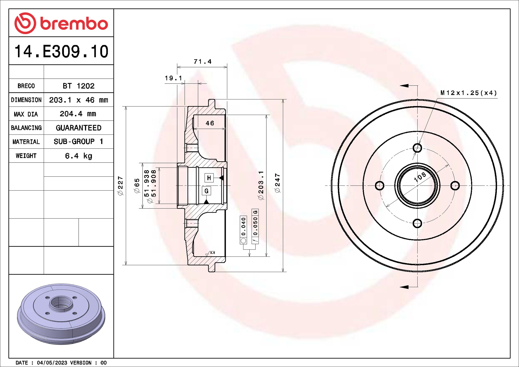 Тормозной барабан - 14.E309.10 BREMBO