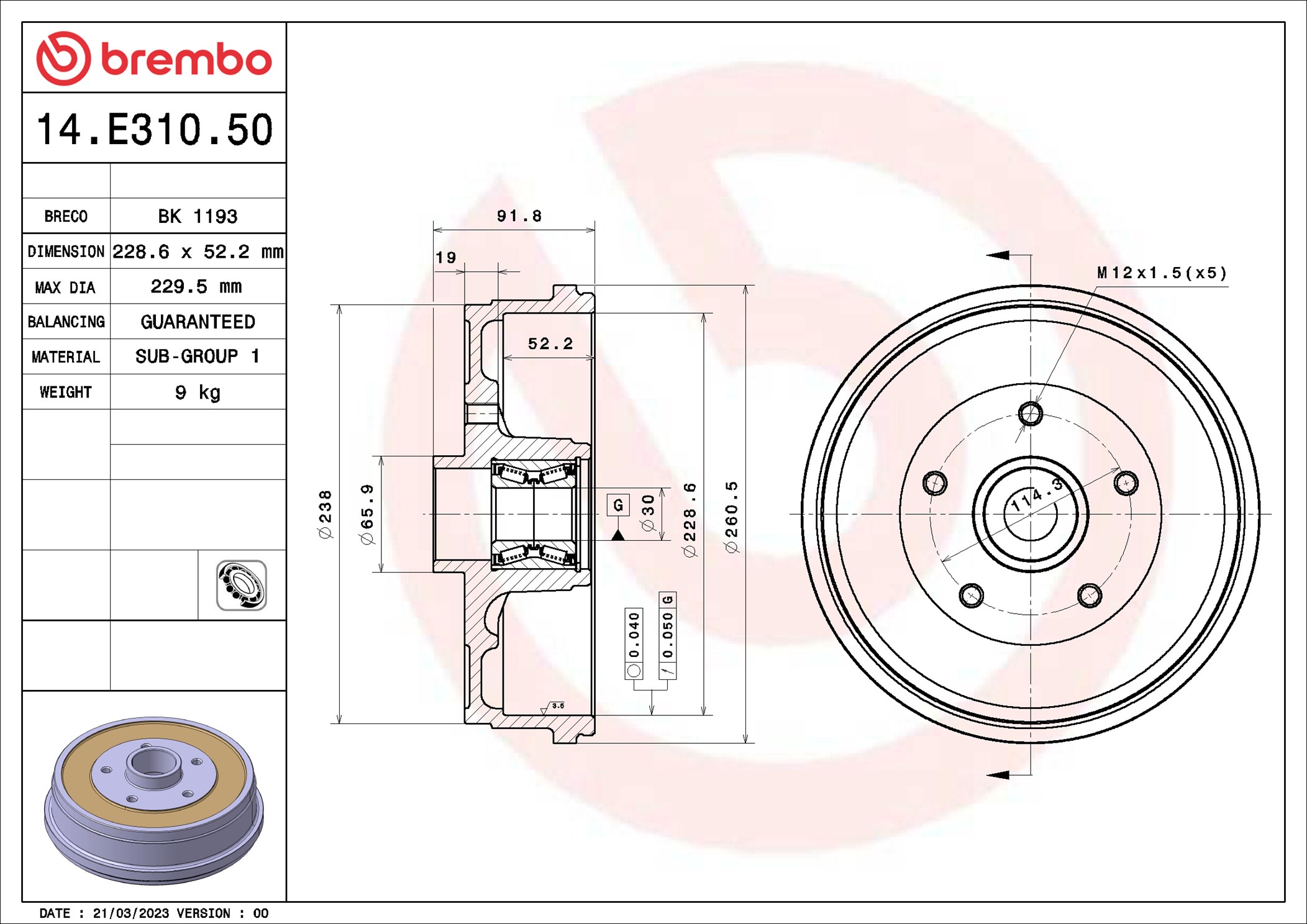 Tamburo freno - 14.E310.50 BREMBO