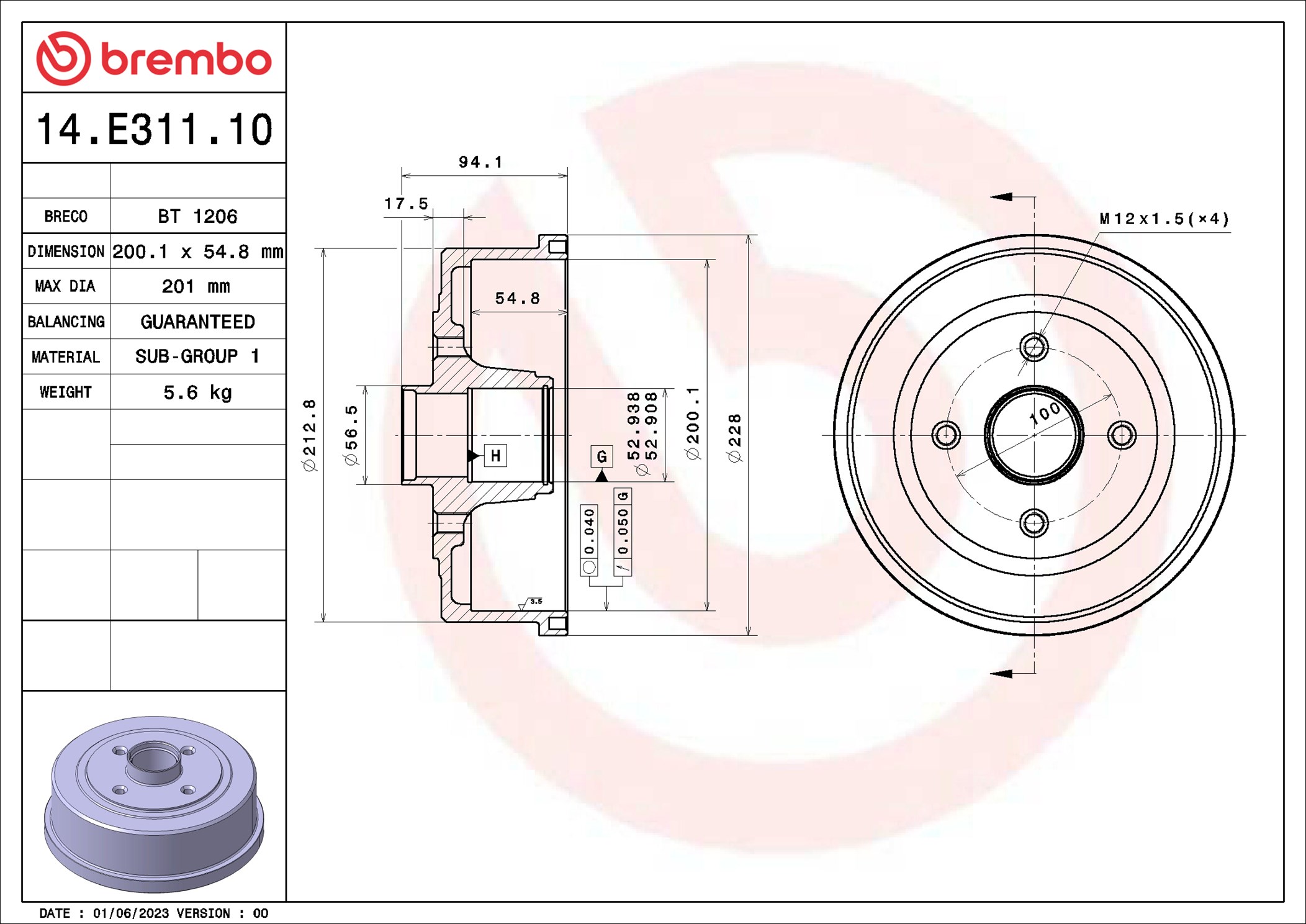 Brake Drum - 14.E311.10 BREMBO