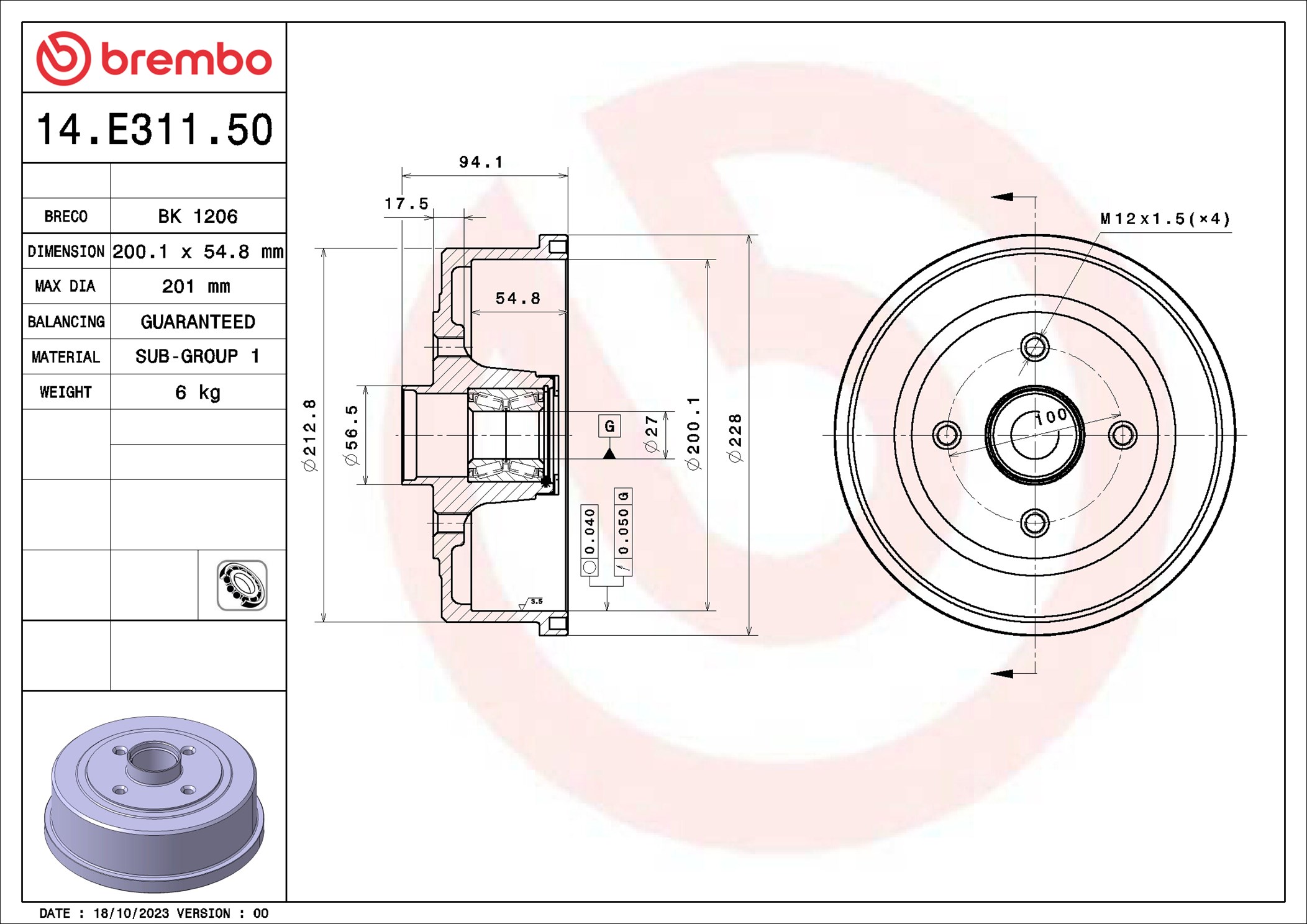 Brake Drum - 14.E311.50 BREMBO
