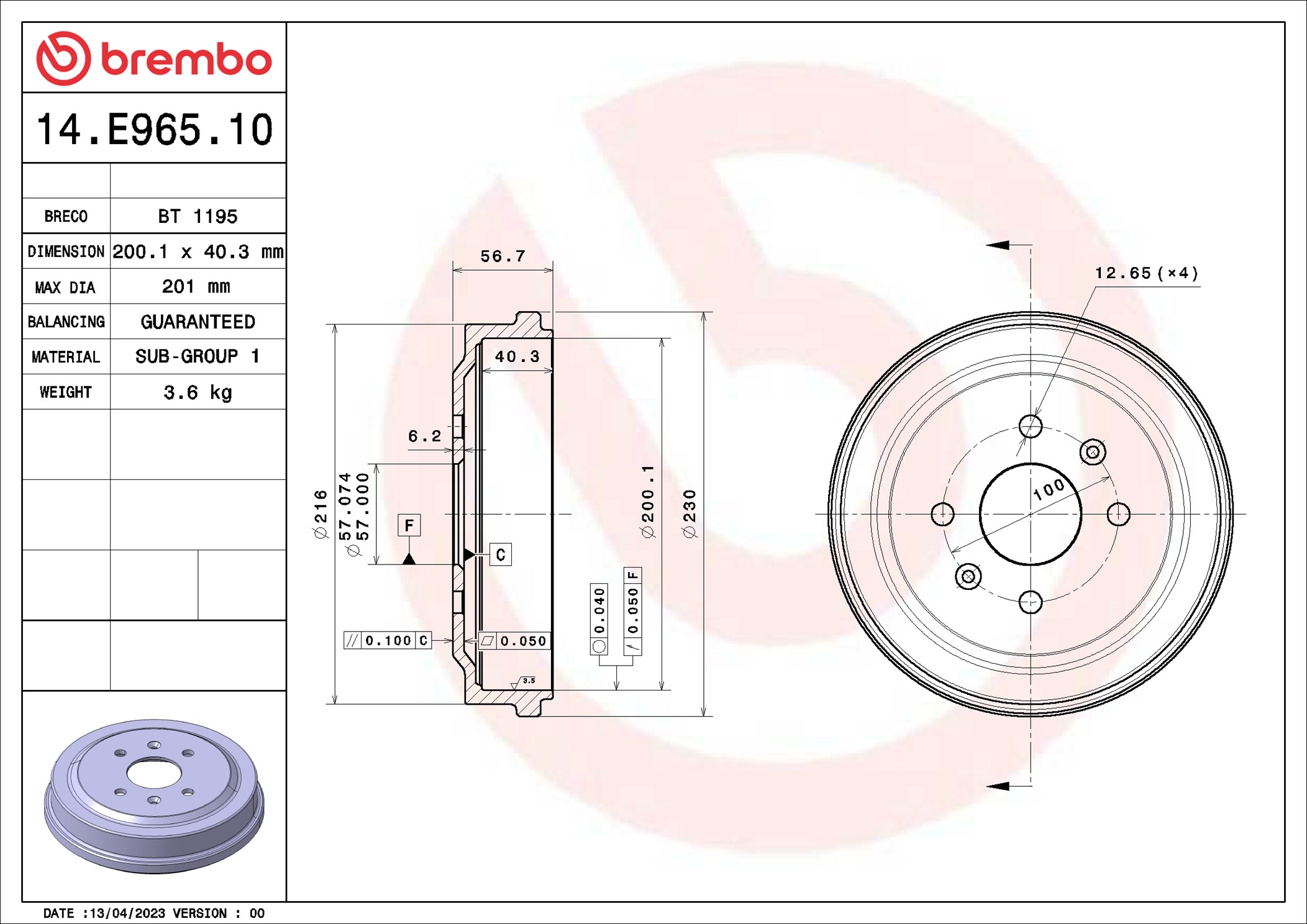 Brake Drum - 14.E965.10 BREMBO