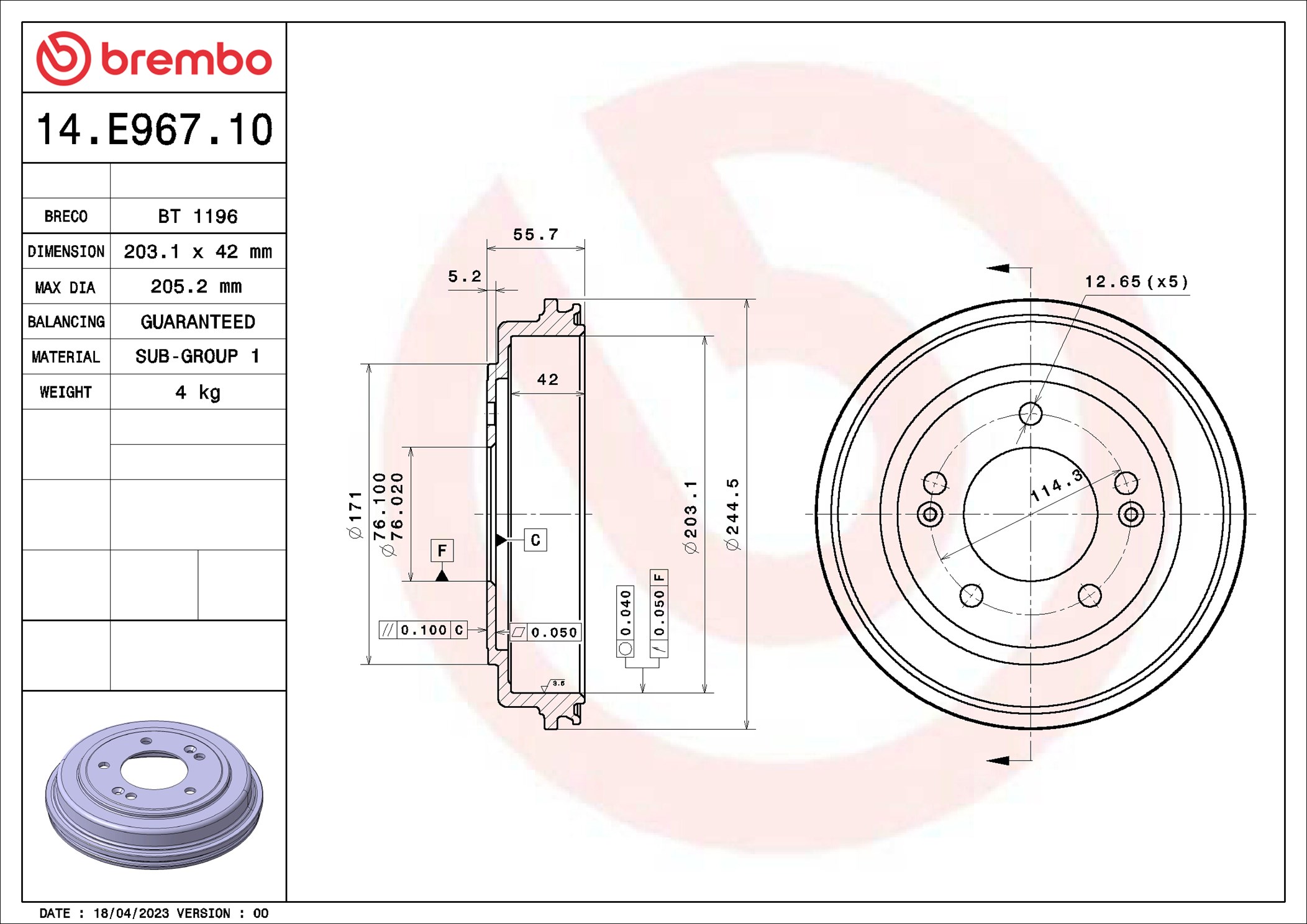 stabdžių būgnas - 14.E967.10 BREMBO