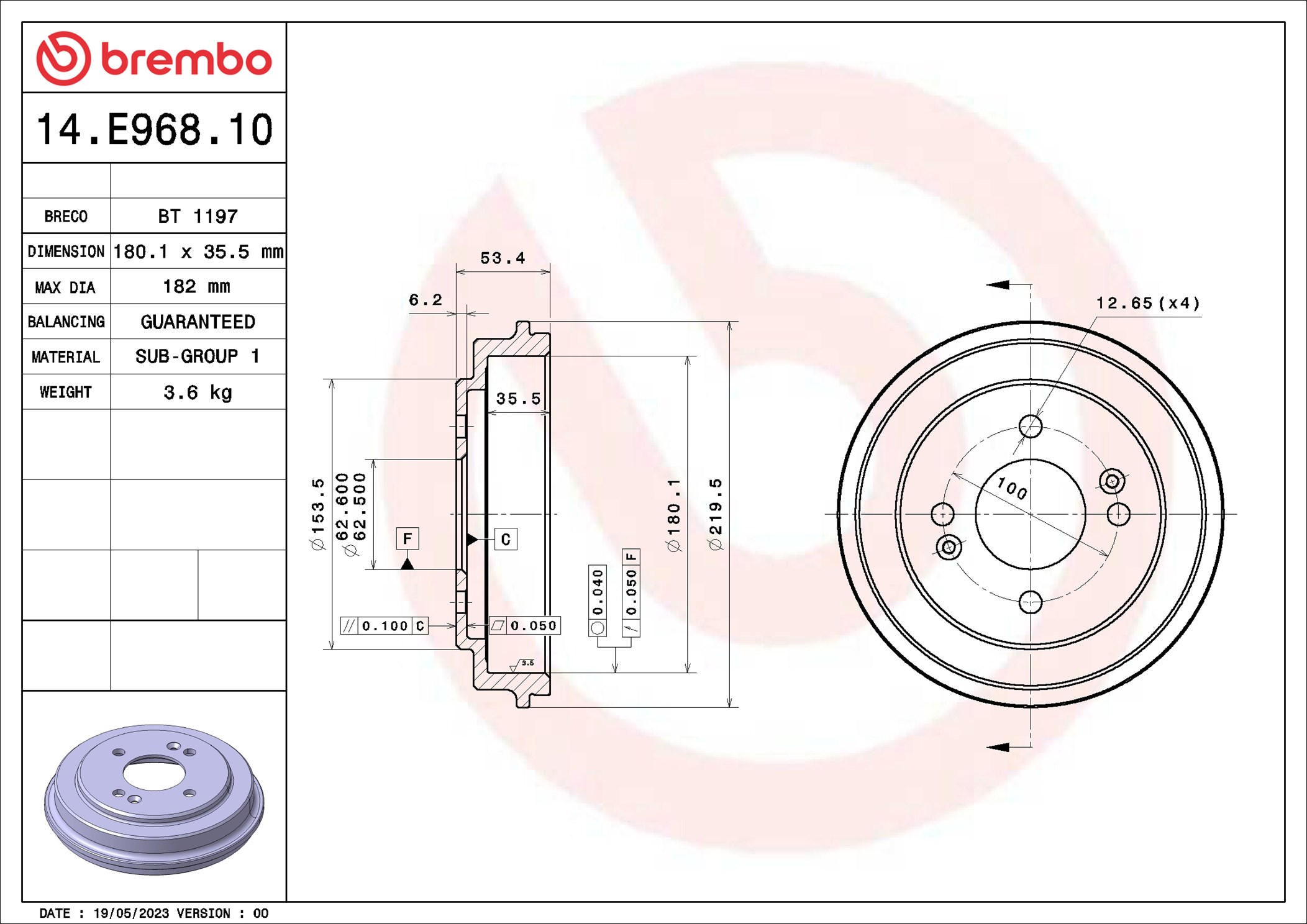 stabdžių būgnas - 14.E968.10 BREMBO