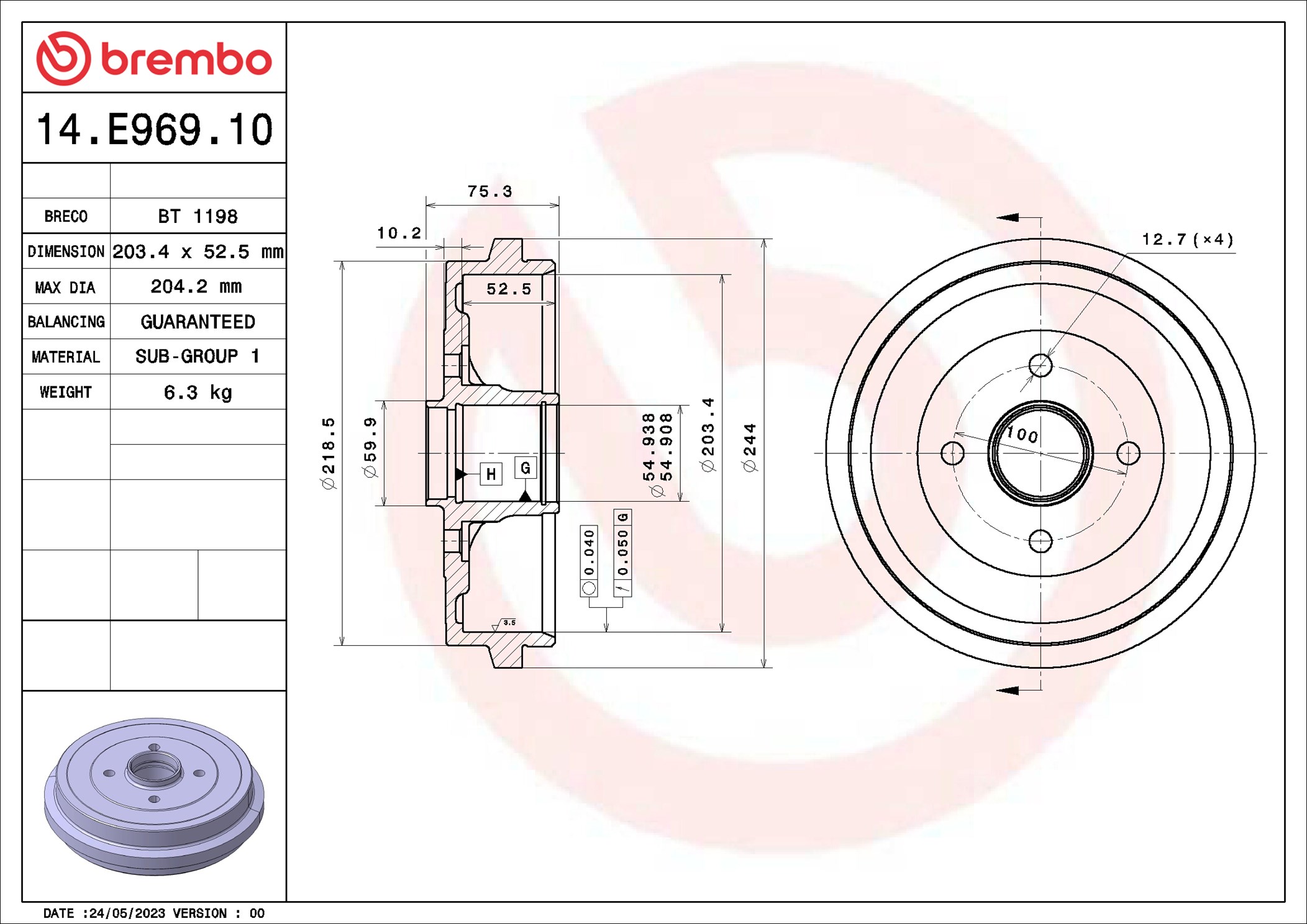 Тормозной барабан - 14.E969.10 BREMBO