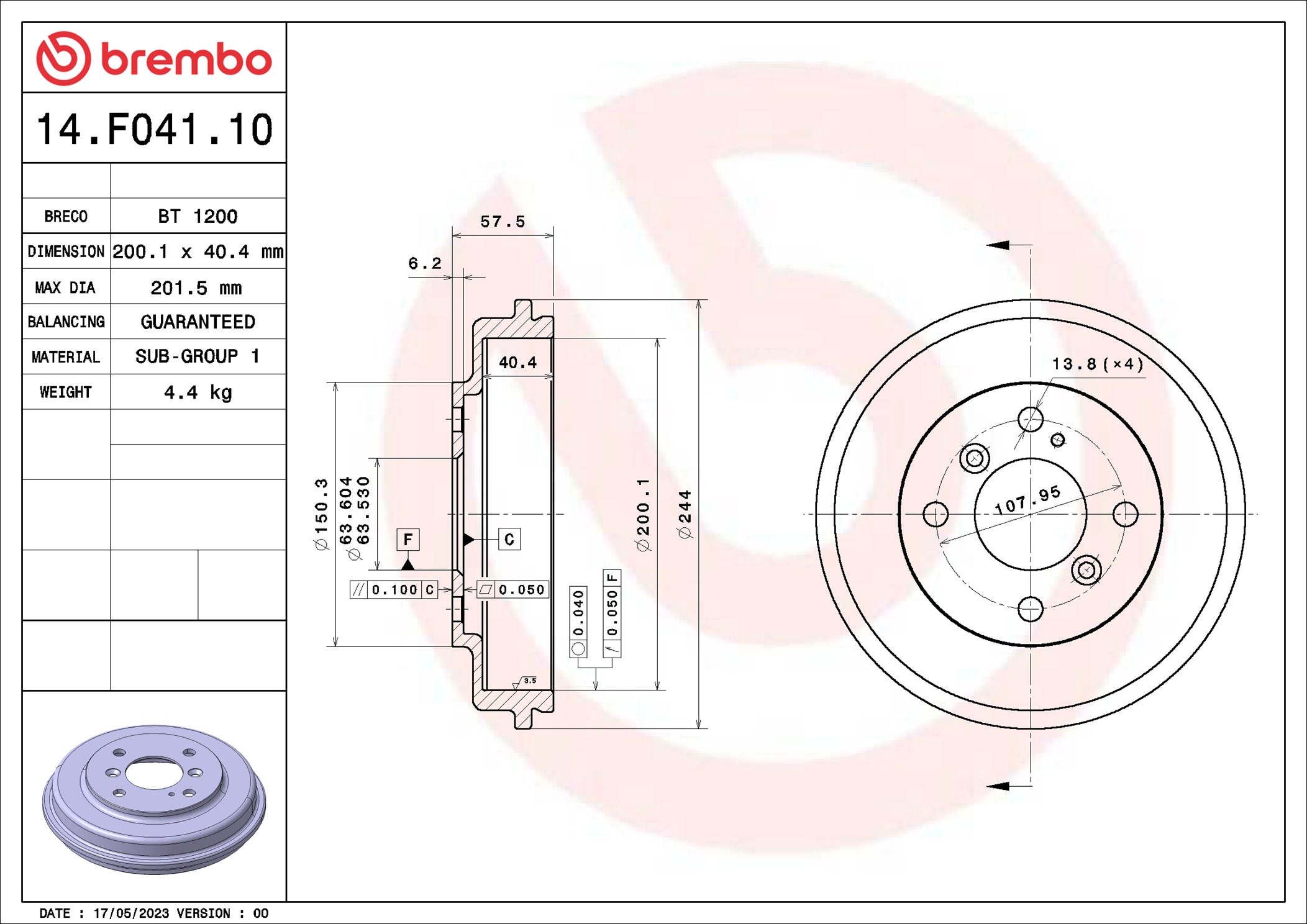 Tamburo freno - 14.F041.10 BREMBO