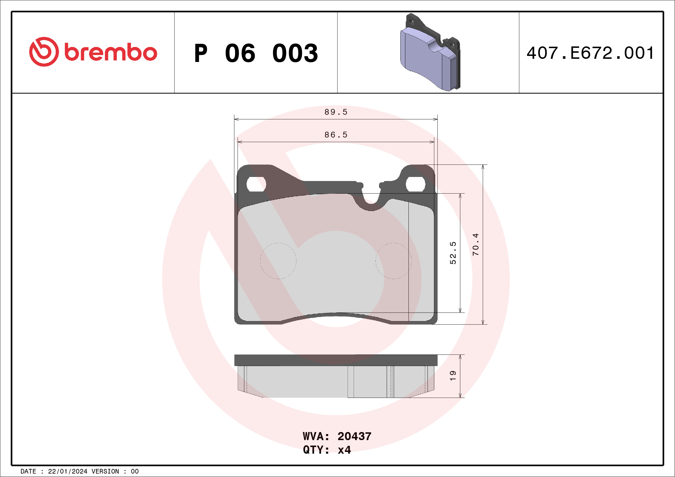 Brake Pad Set, disc brake - P 06 003 BREMBO