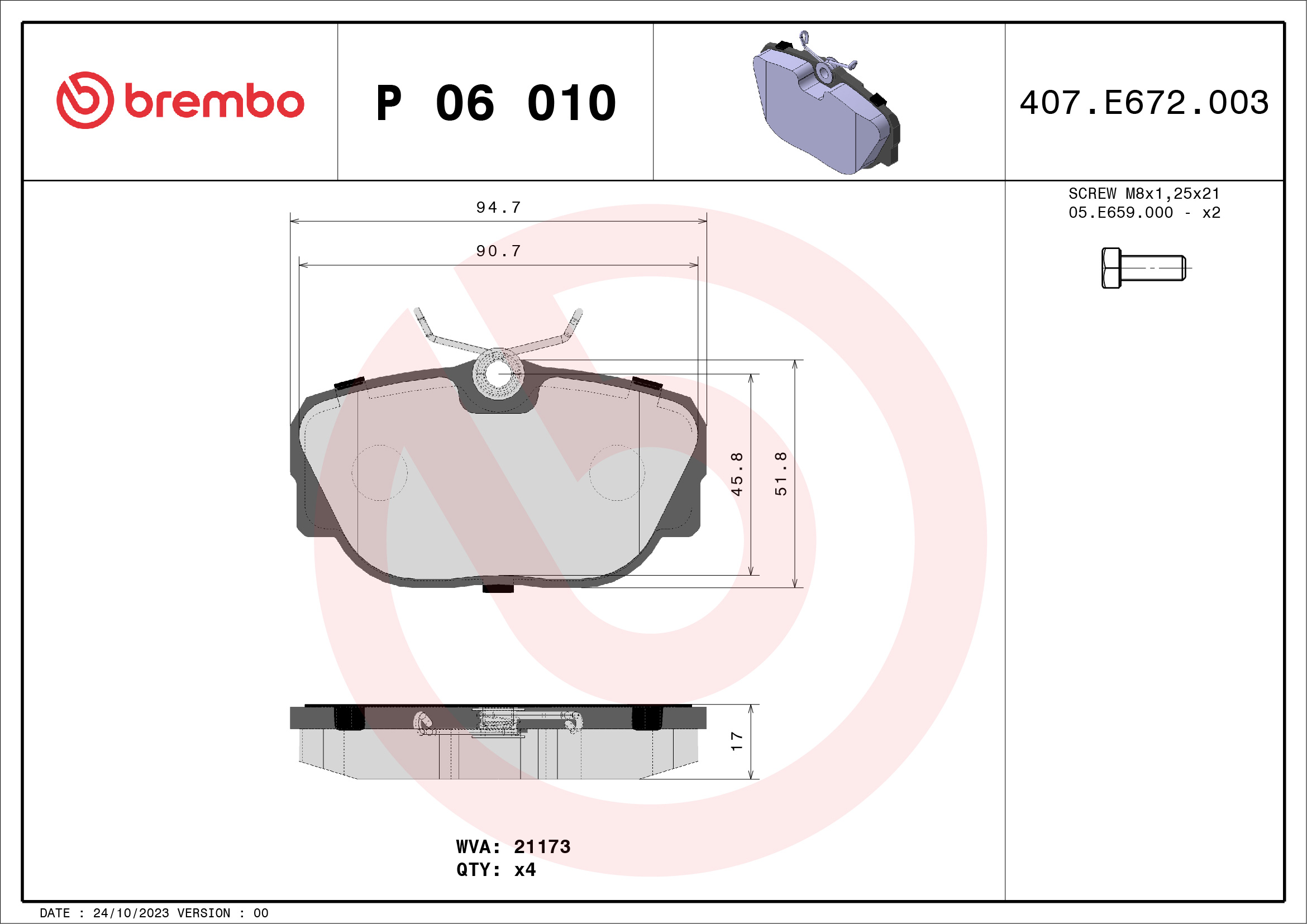 Комплект тормозных колодок, дисковый тормоз - P 06 010 BREMBO