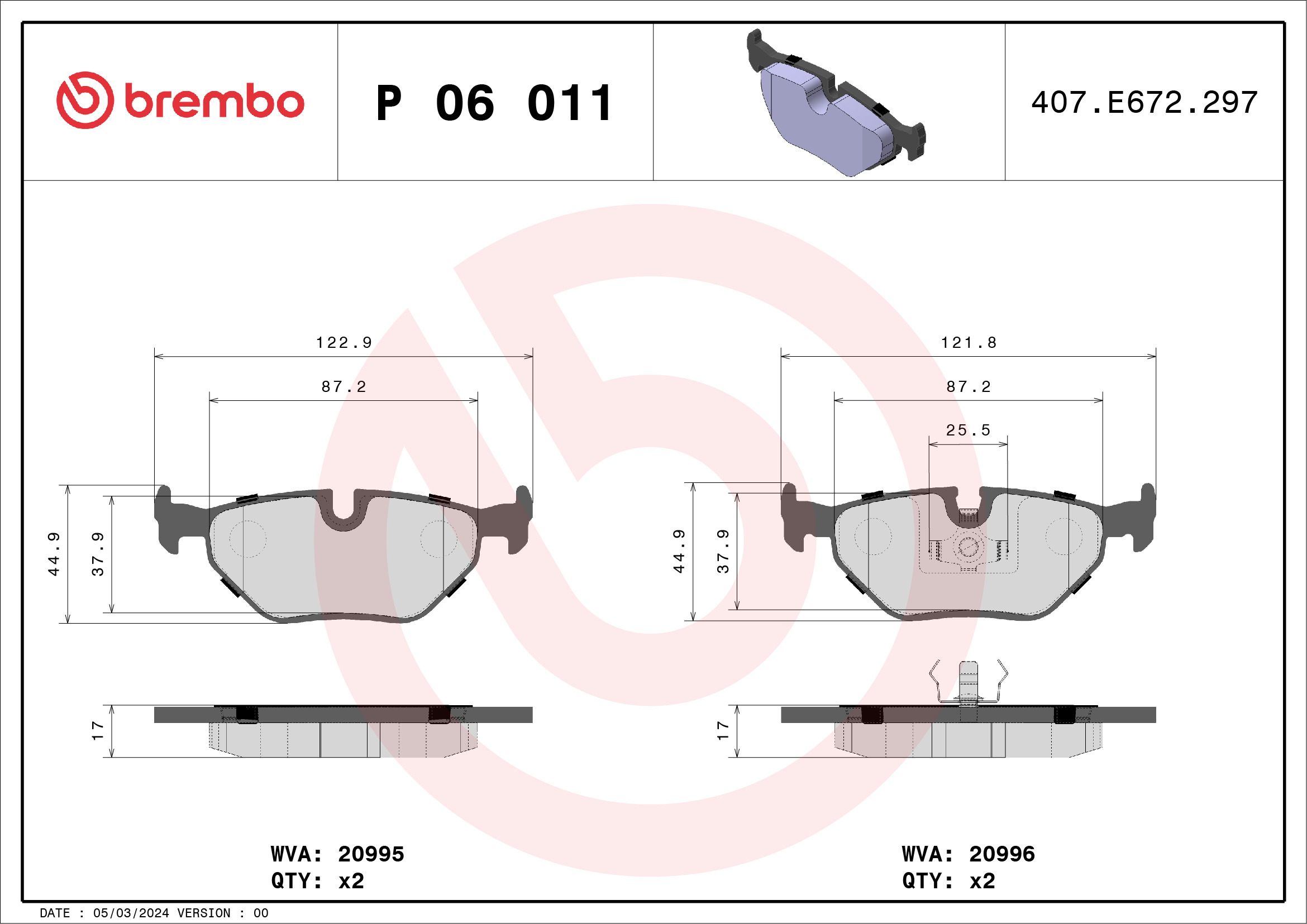 Brake Pad Set, disc brake - P 06 011 BREMBO