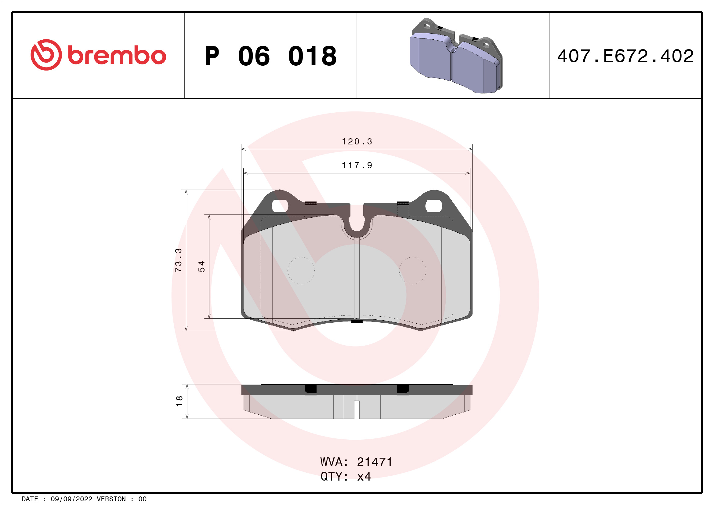 Комплект тормозных колодок, дисковый тормоз - P 06 018 BREMBO