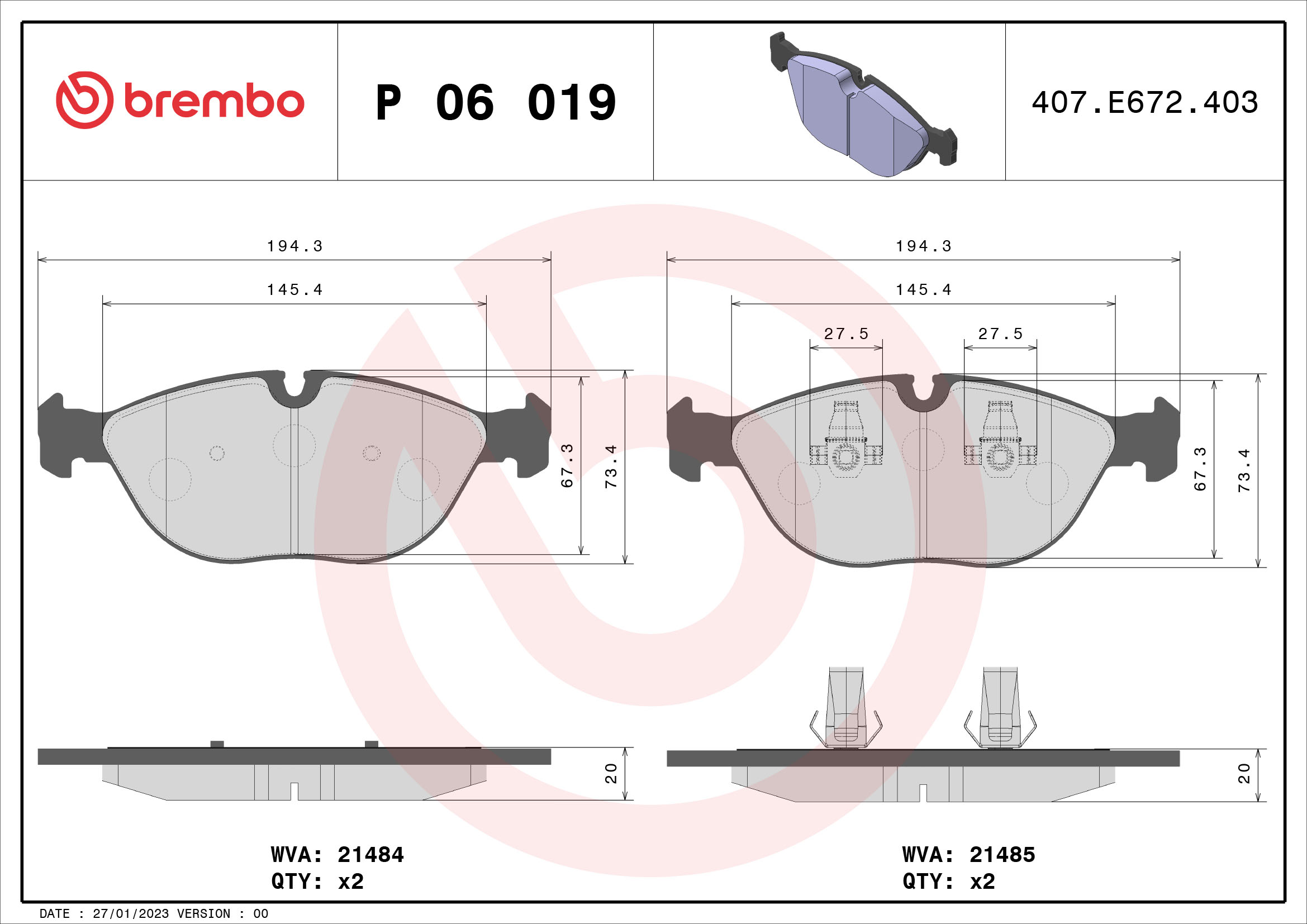 Kit pastiglie freno, Freno a disco - P 06 019 BREMBO