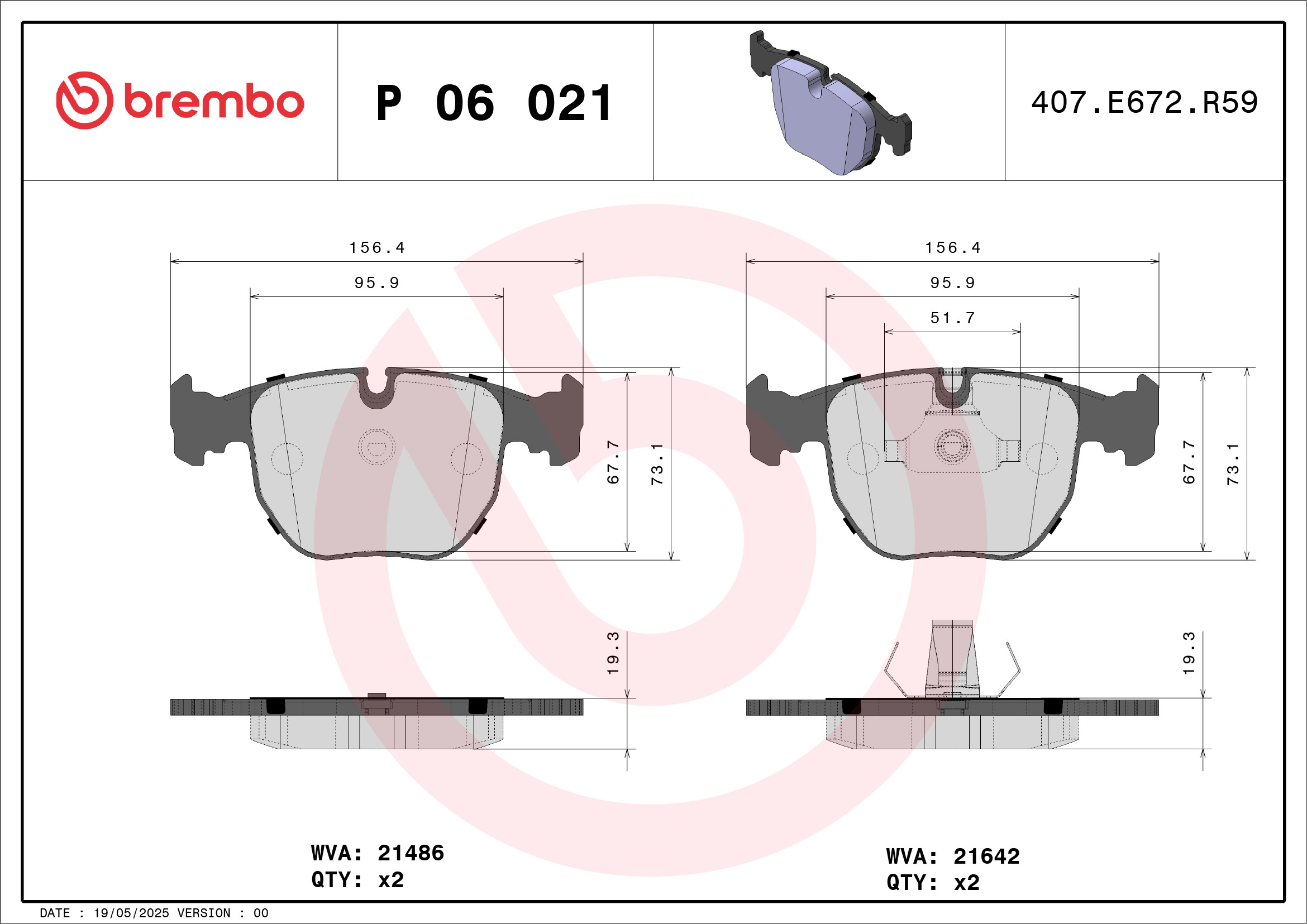 Brake Pad Set, disc brake - P 06 021 BREMBO