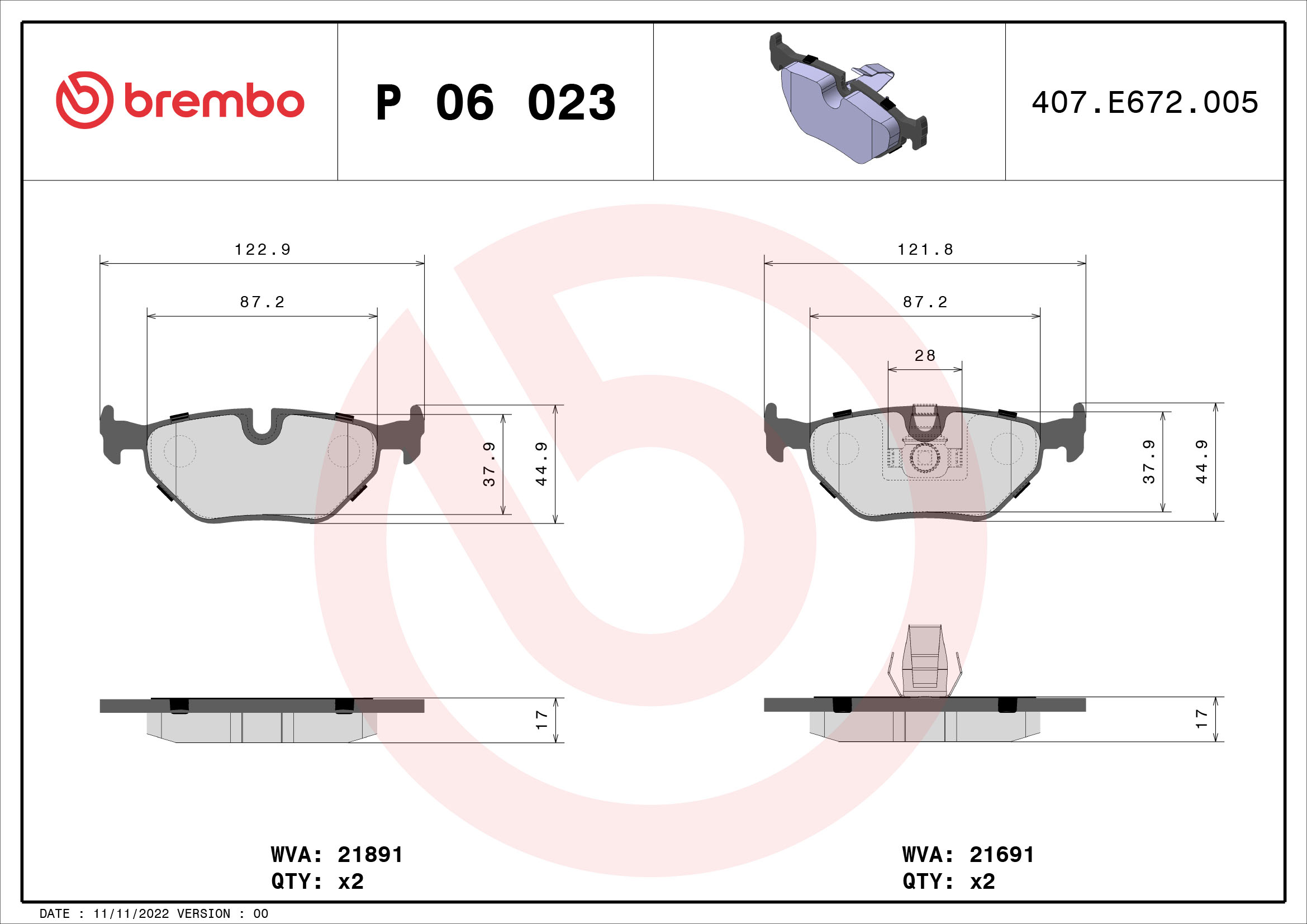 Brake Pad Set, disc brake - P 06 023 BREMBO