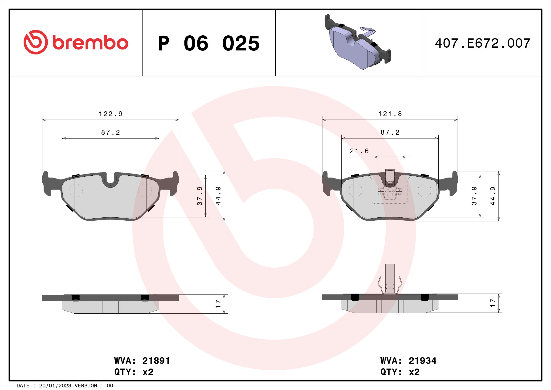 Brake Pad Set, disc brake - P 06 025 BREMBO