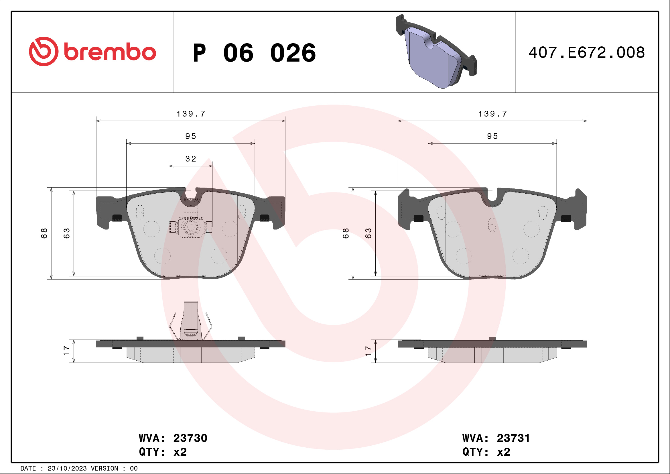 Brake Pad Set, disc brake - P 06 026 BREMBO
