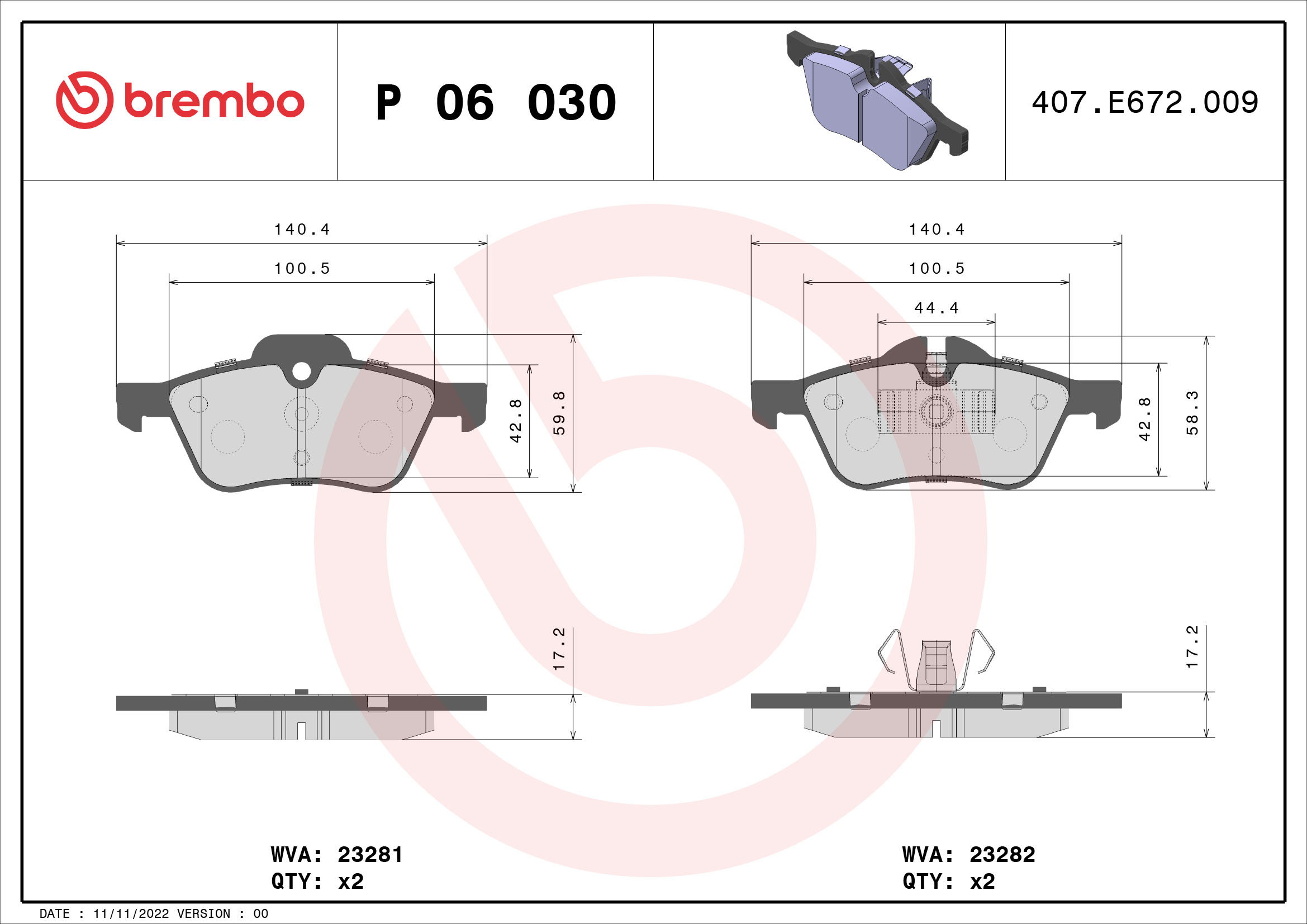 Kit pastiglie freno, Freno a disco - P 06 030 BREMBO