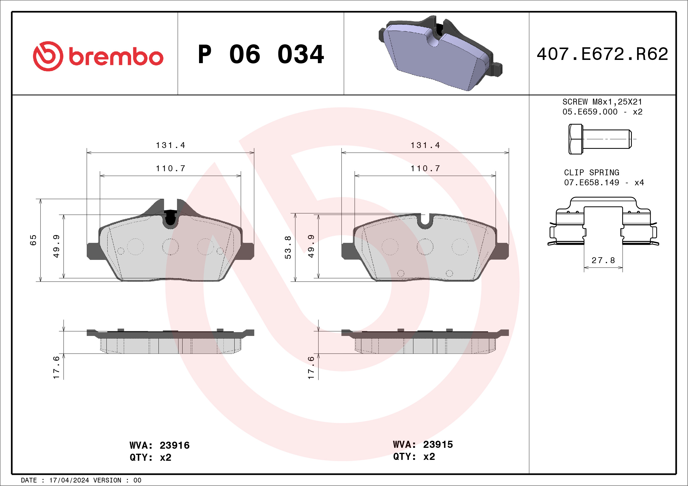 Kit pastiglie freno, Freno a disco - P 06 034 BREMBO