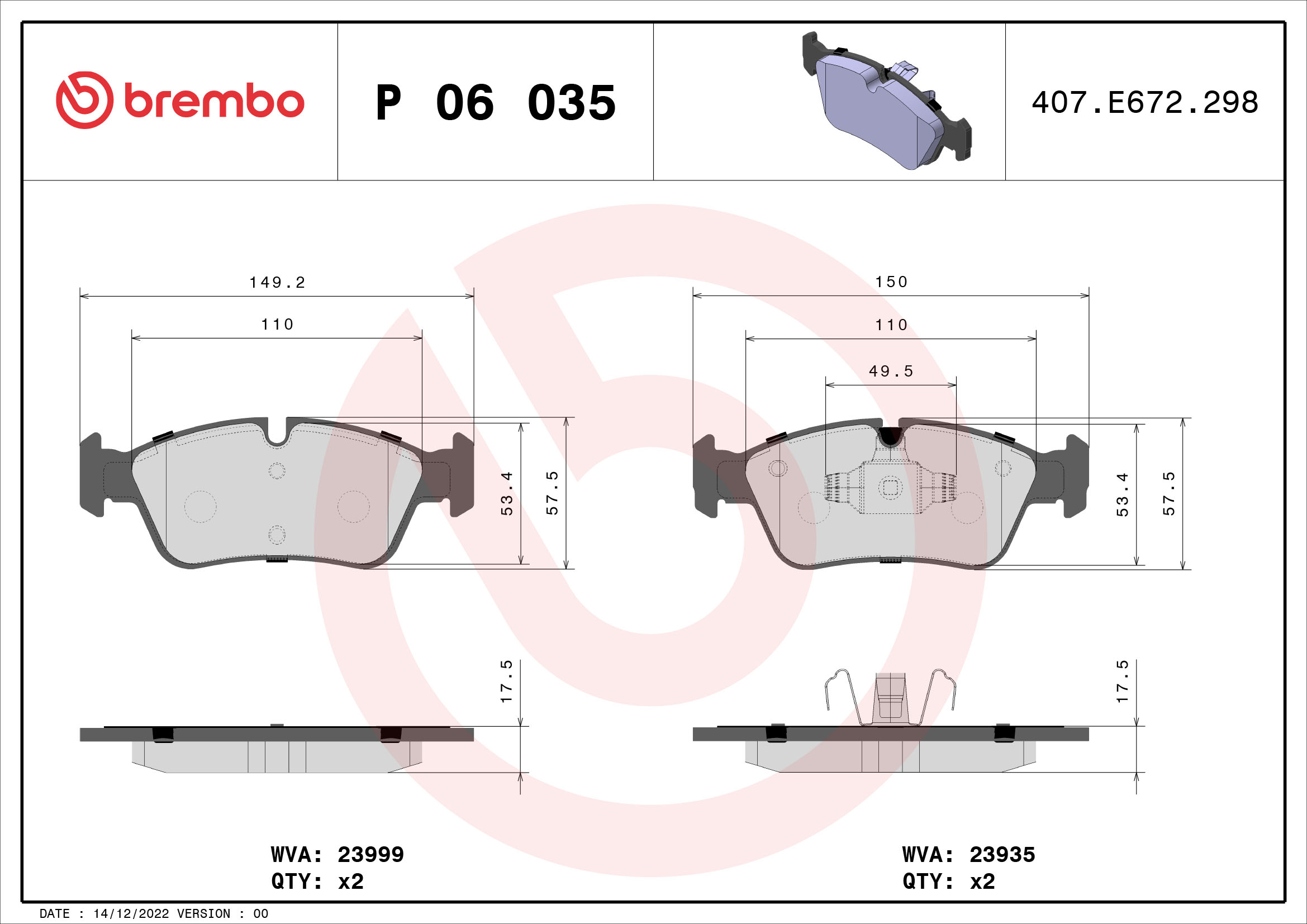 Brake Pad Set, disc brake - P 06 035X BREMBO