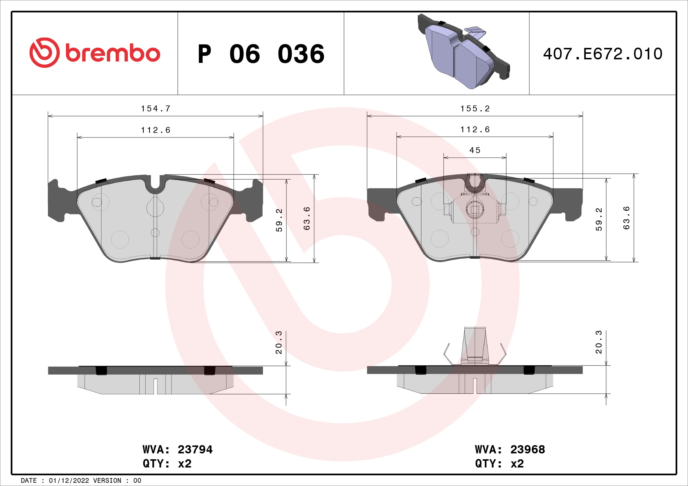 Brake Pad Set, disc brake - P 06 036 BREMBO