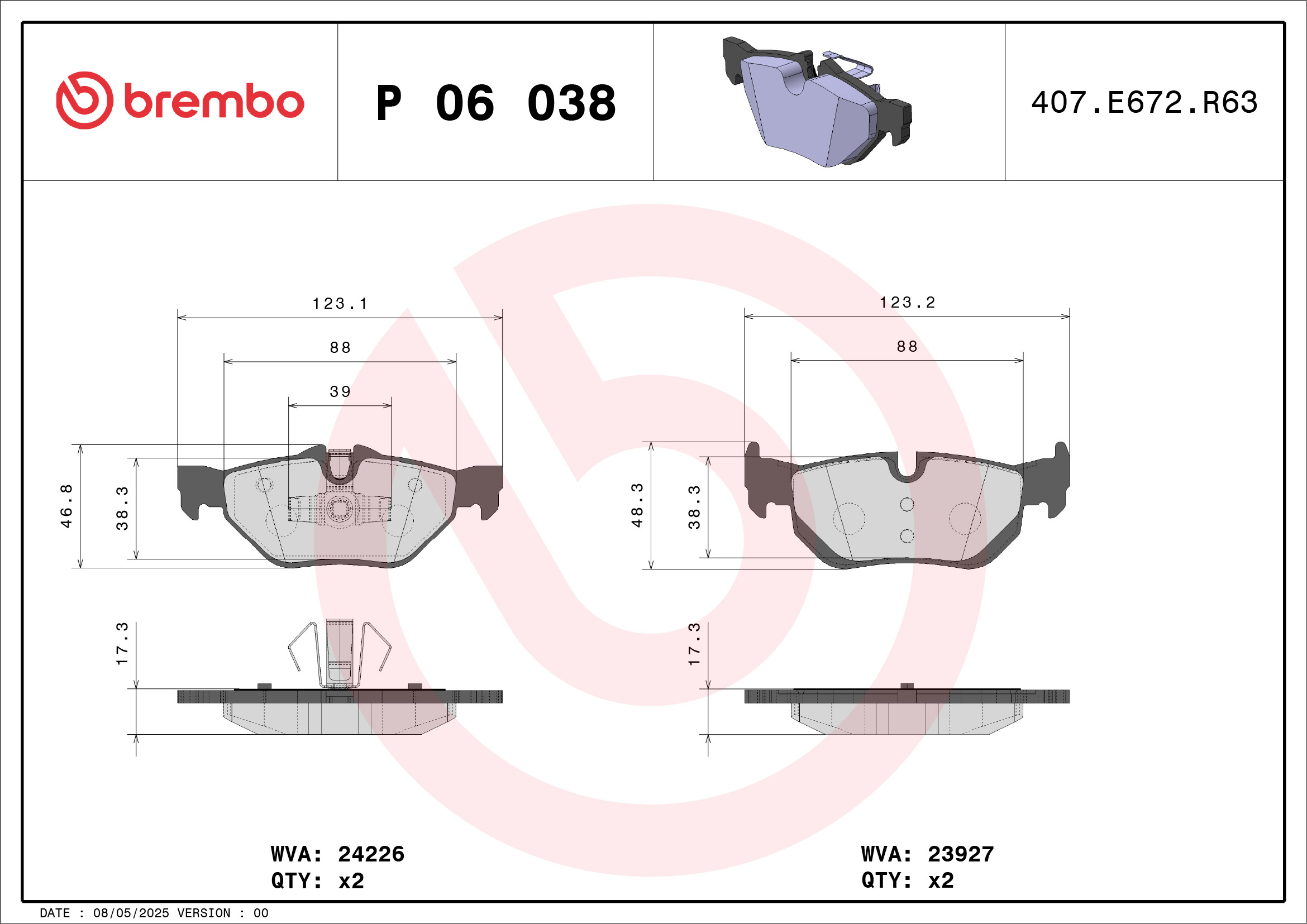 stabdžių trinkelių rinkinys, diskinis stabdys - P 06 038 BREMBO
