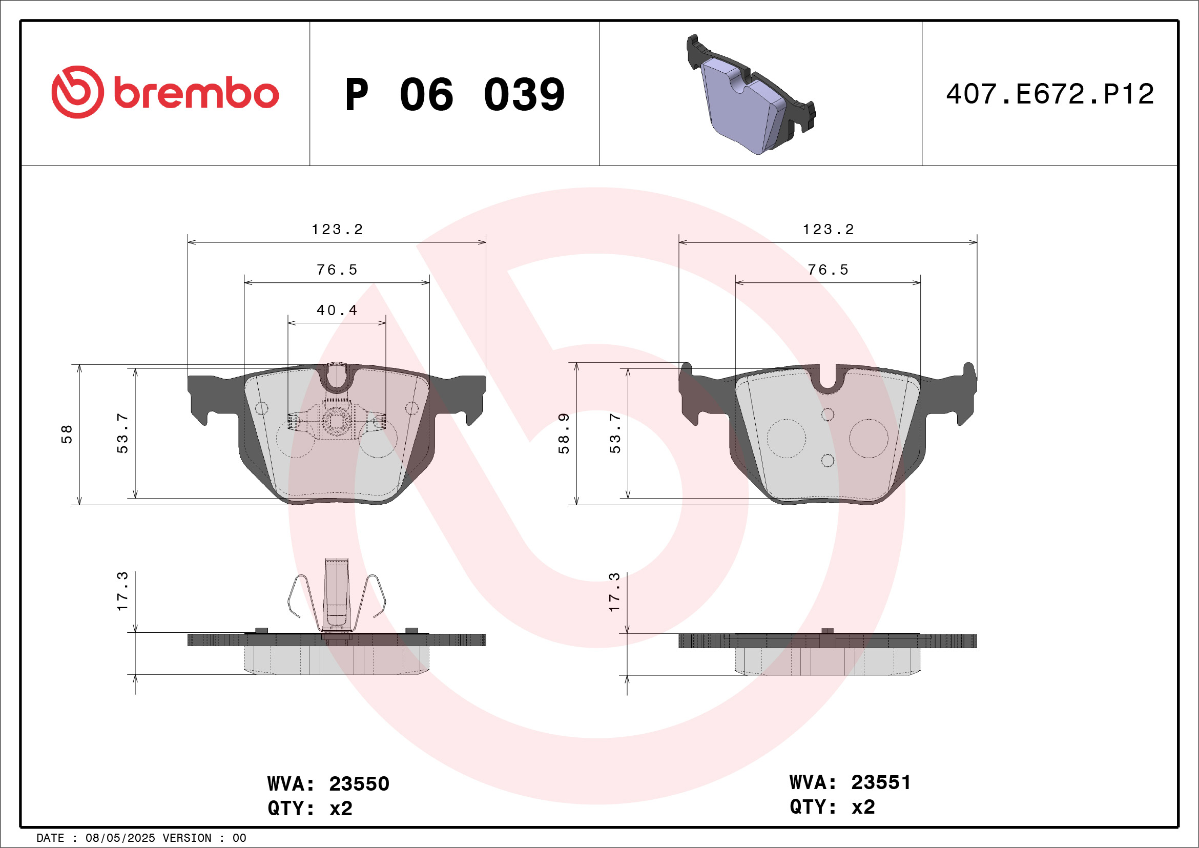 Brake Pad Set, disc brake - P 06 039 BREMBO