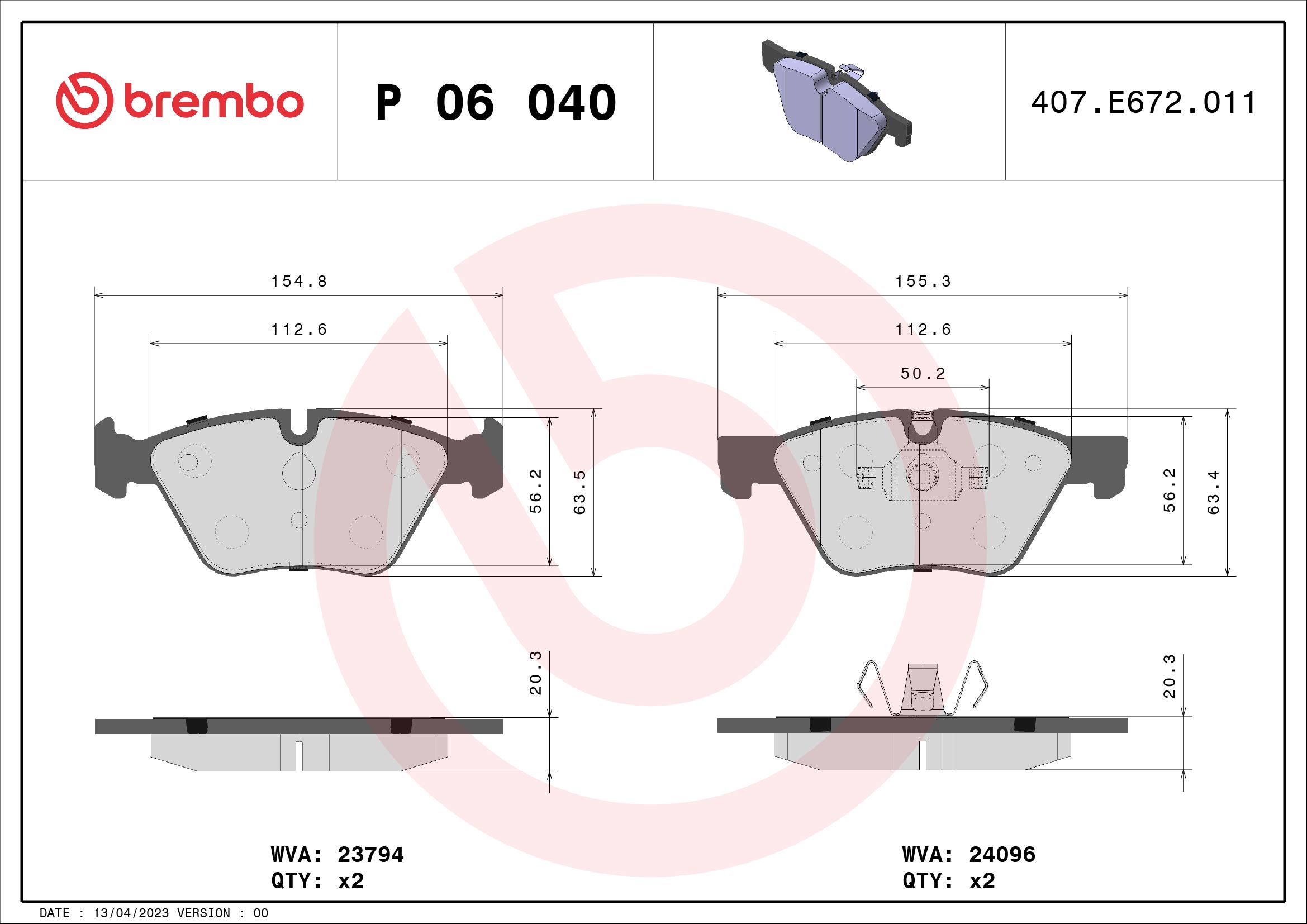 Brake Pad Set, disc brake - P 06 040 BREMBO
