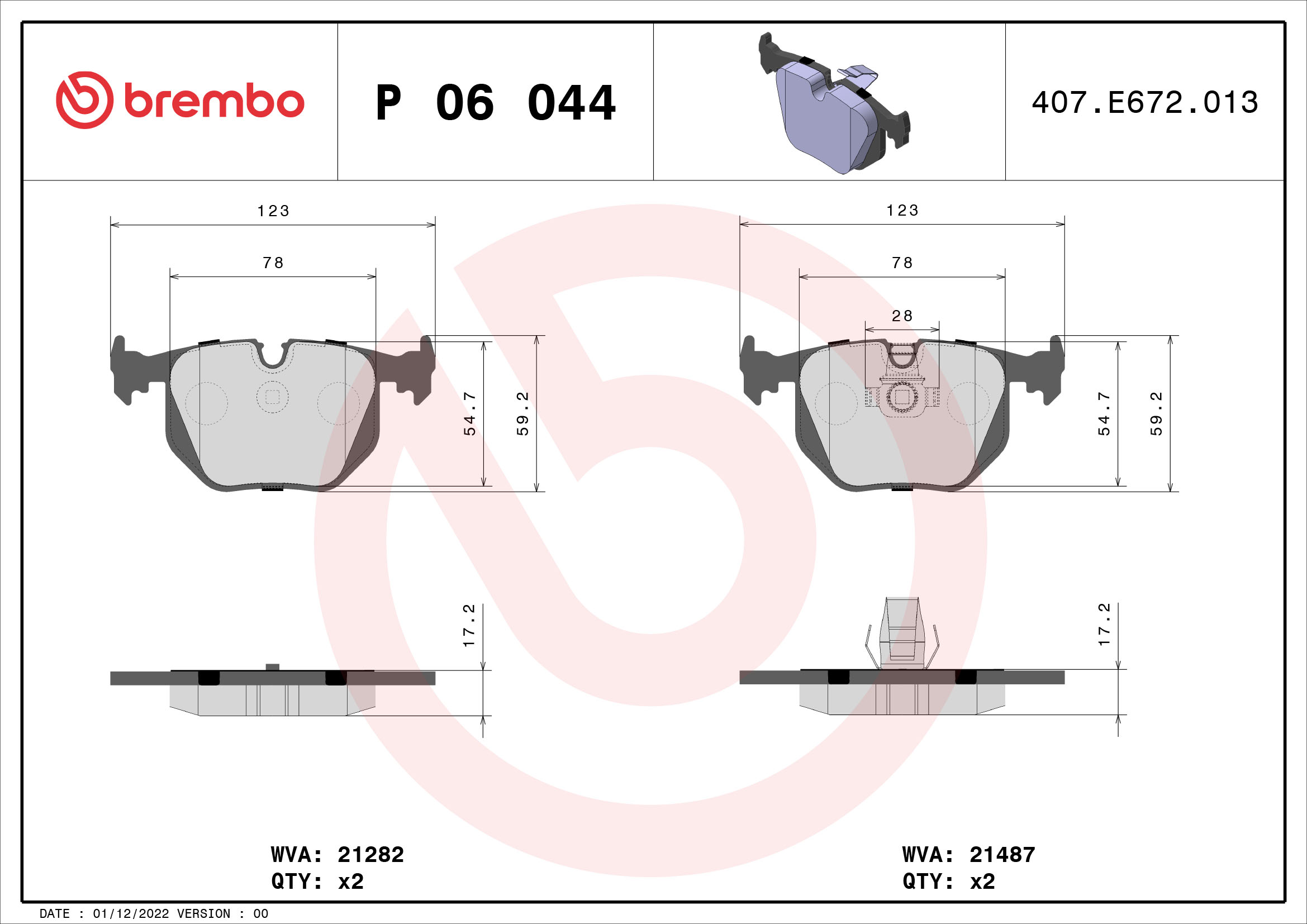 Brake Pad Set, disc brake - P 06 044 BREMBO