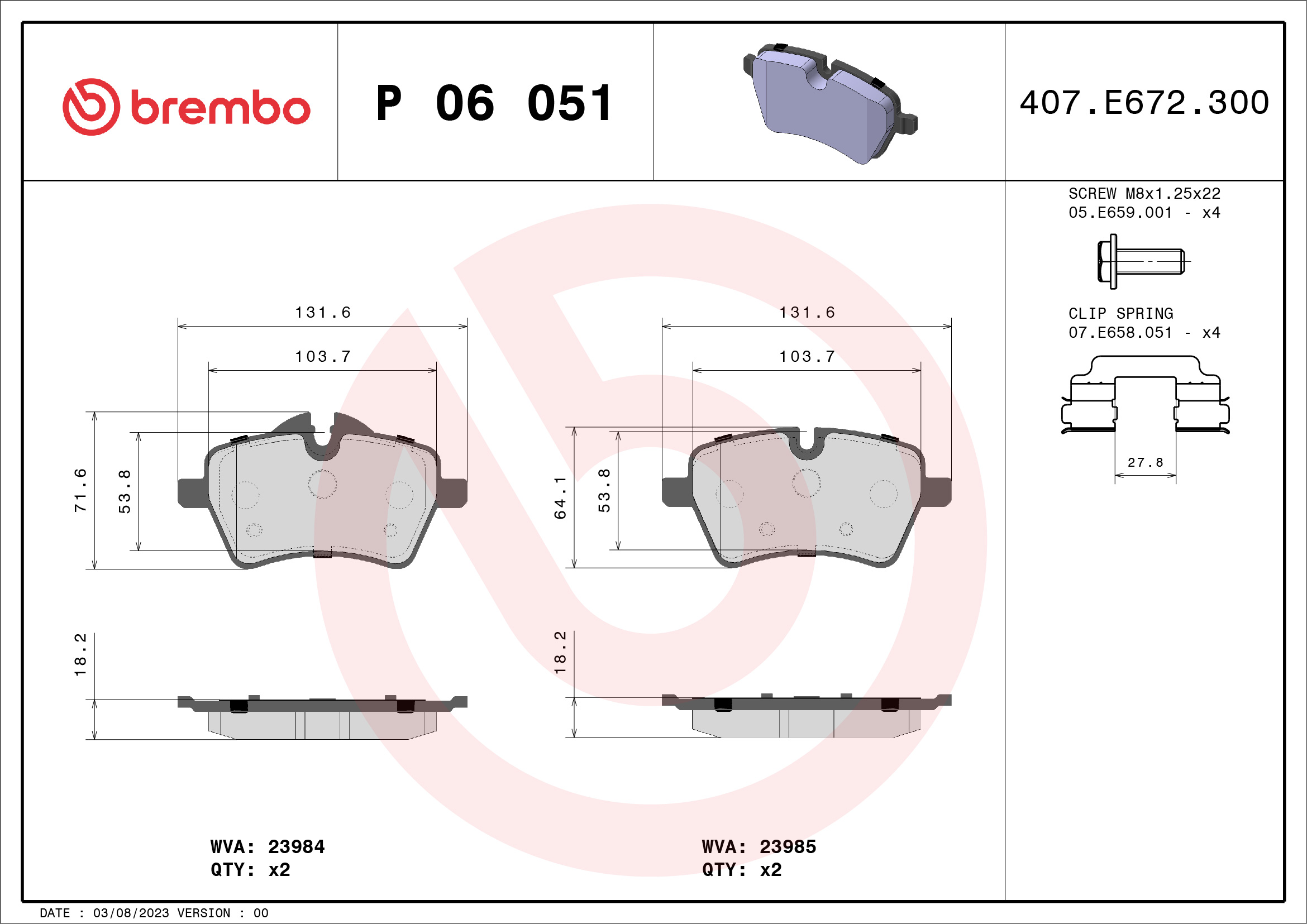 Brake Pad Set, disc brake - P 06 051 BREMBO