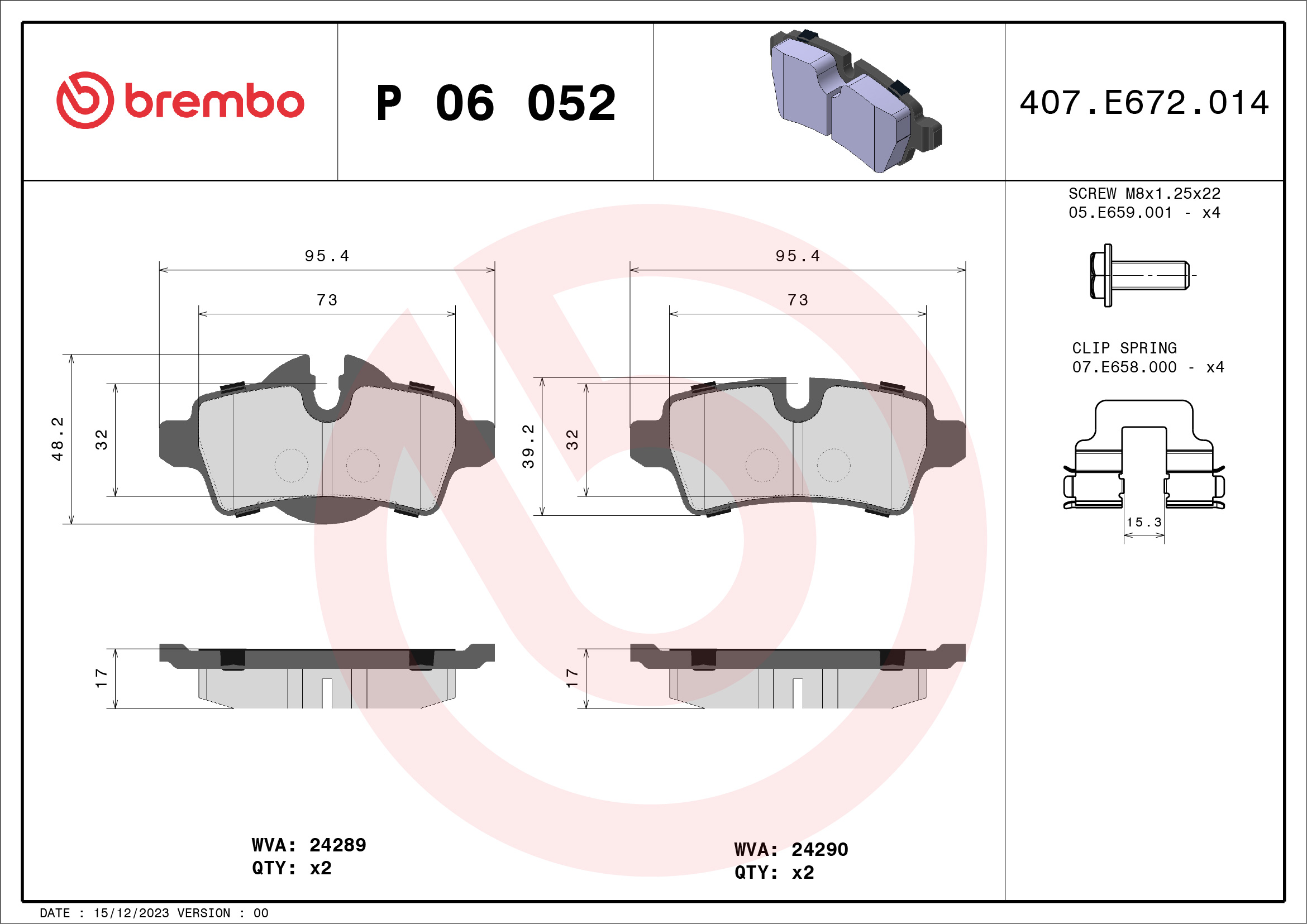 Brake Pad Set, disc brake - P 06 052 BREMBO