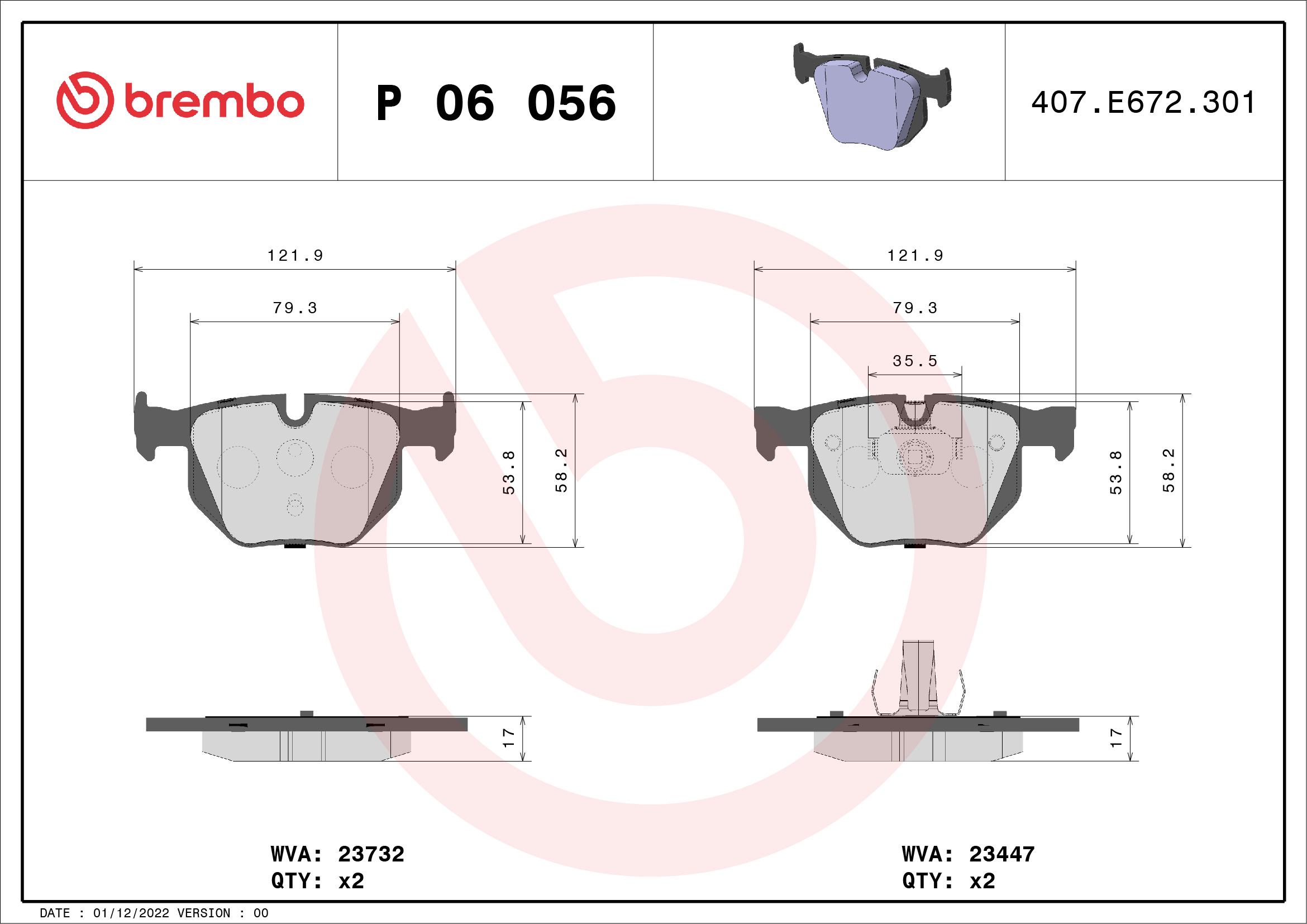 Brake Pad Set, disc brake - P 06 056 BREMBO