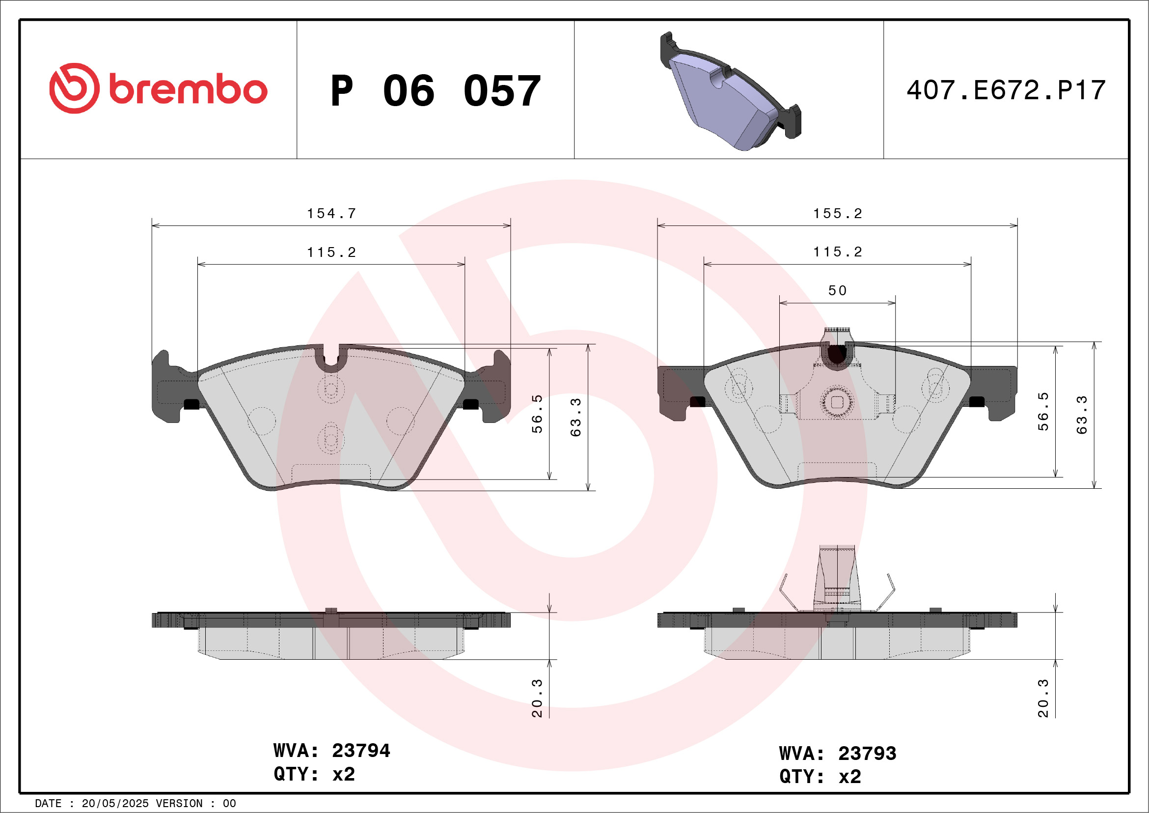 stabdžių trinkelių rinkinys, diskinis stabdys - P 06 057 BREMBO